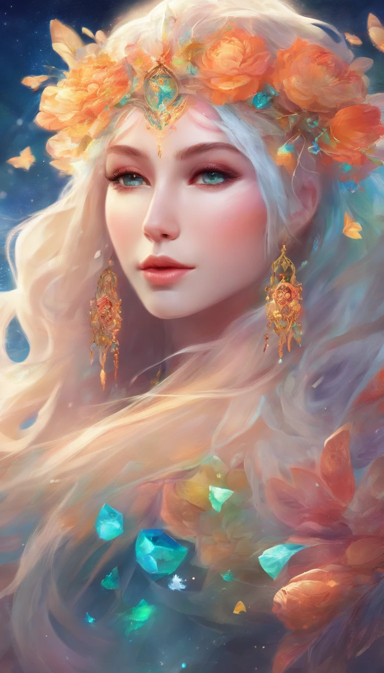 Goddess of dreams，Multi-colored hair，Chinese face，Melon seed face，rosto magro，Bokeh background，dream magical，on focus，tmasterpiece
