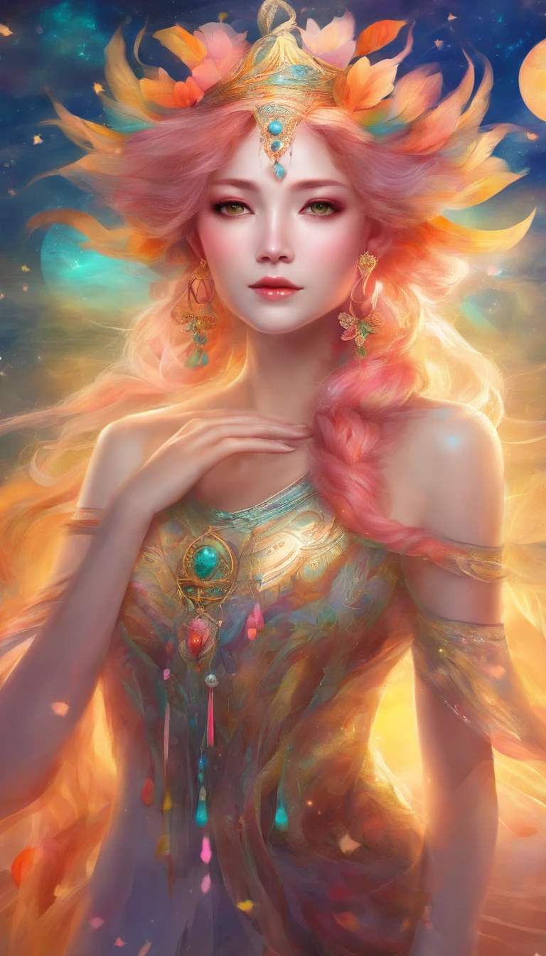 Goddess of dreams,Multi-colored hair,Chinese face,Melon seed face,rosto magro,Bokeh background,dream magical,on focus,tmasterpiece