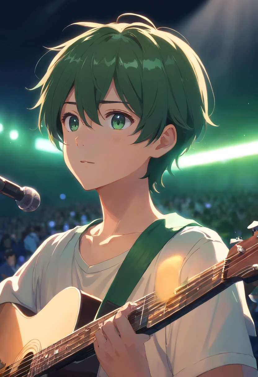 1 boy, a tall lean high school boy, 188cm tall boy (approximately 6’ 2”); parted bangs going down to his forehead, handsome boy, wavy hair, dark green hair, korean boy, white skin, white shirt, gentle face, a burn scar around his left eyes, playing a guitar, beautiful sad eyes, on the stage, dark background, highlight stage light, close-up, portrait