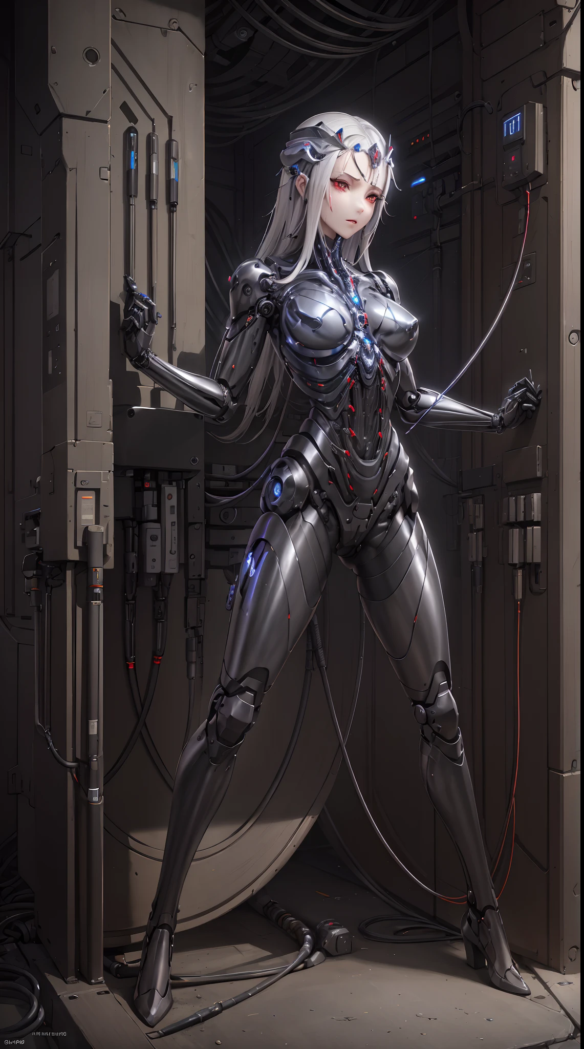 (((masterpiece))), ((best quality)), ((ultra-detailed)), (CG illustration), (an extremely devious and beautiful)), cinematic light, ((1 mechanical woman)), sexy, busty, single, full, (machine-made joints: 1.4), ((mechanical limb)), ( blood vessels attached to the tube), ((mechanical spine attached to the back)), ((mechanical cervical vertebrae attached to the neck), ((combat stance)), expressionless, (wires and cables attached to the head and body: 1.5), (character focus), science fiction, apocalypse, glow, translucent skin, mechanical