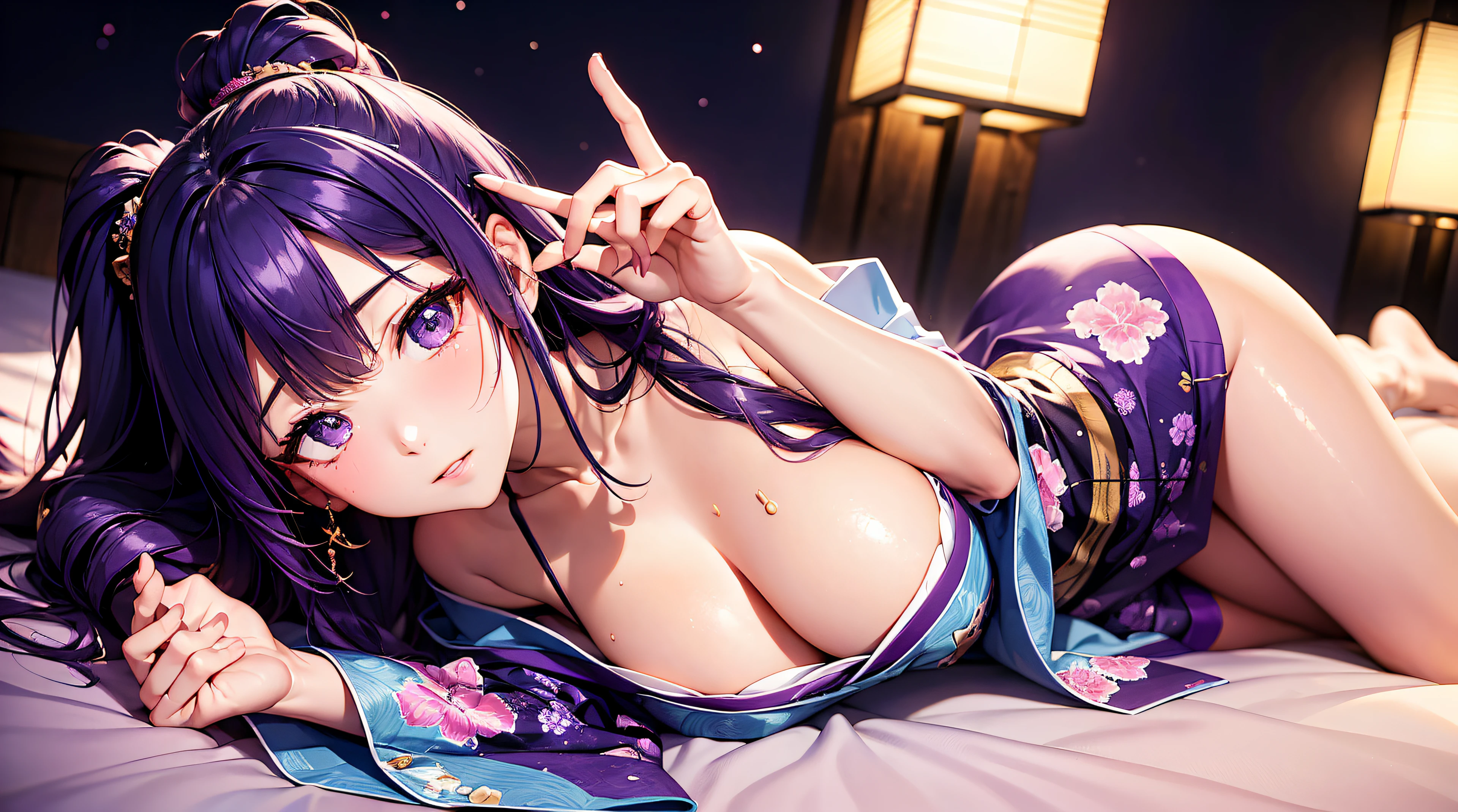 top-quality、​masterpiece、UHD image quality、Perfect Beauty、purple color  hair、Japanese-style room at night、Tatami room、night sky with moon、Wearing colored and patterned kimono、Lying down、From  above、A gesture to show off the kimono、Beautiful face、Beautiful face and skin texture、Detailed eyes、Beautiful body、