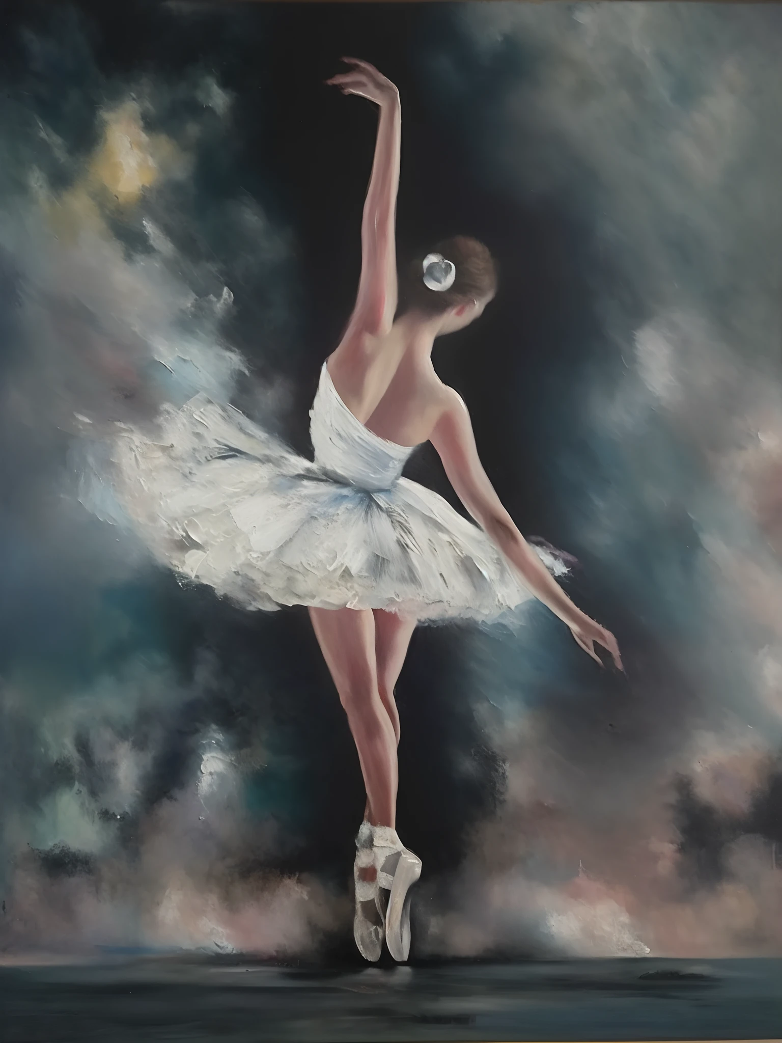 pintura de uma bailarina de vestido branco e sapatilhas de ponta, bailarina, dancing gracefully, primeira bailarina, bailarino, Retrato de uma bailarina, bailarina escura, peaceful and graceful, oil painting on canvas, bonito e gracioso, acrylic and oil painting, menina graciosa, oil painted, she is dancing, oil-painting, painting oil on canvas, an acrylic painting, as though she is dancing