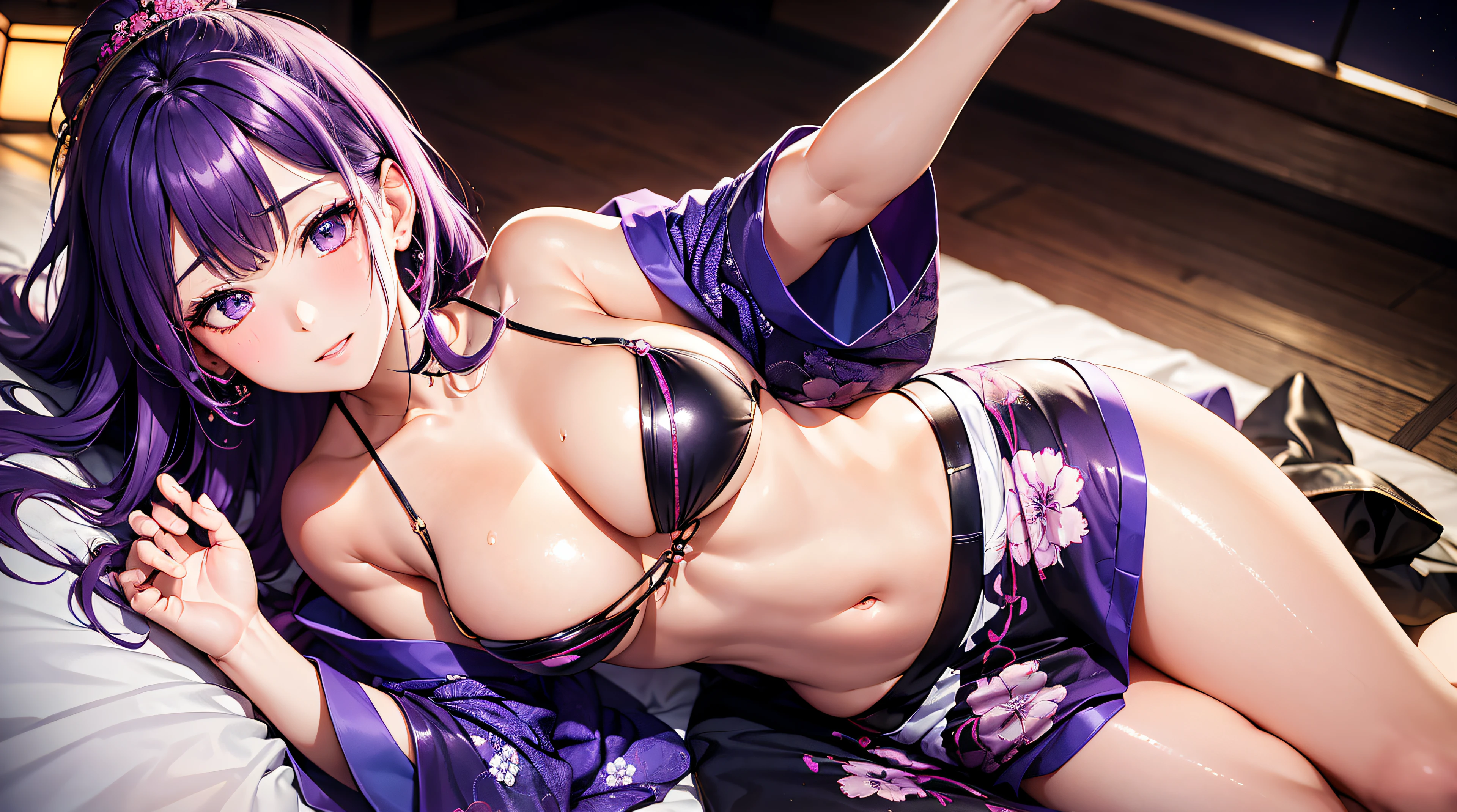 top-quality、​masterpiece、UHD image quality、Perfect Beauty、purple color  hair、Japanese-style room at night、Tatami room、night sky with moon、Wearing colored and patterned kimono、Lying down、From  above、A gesture to show off the kimono、Beautiful face、Beautiful face and skin texture、Detailed eyes、Beautiful body、