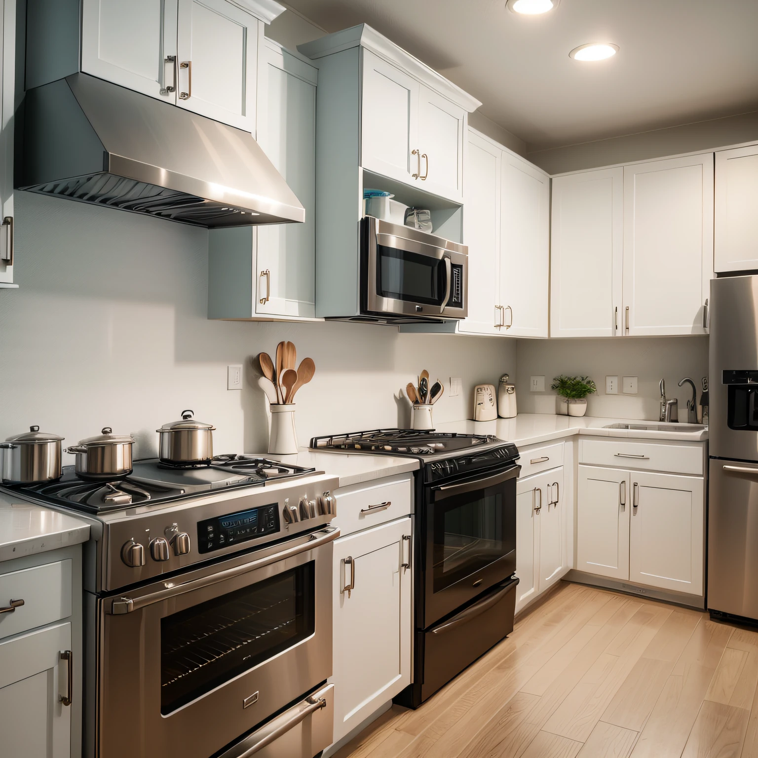 White appliances with Kitchen Cabinets with Stove Burners and Range Hoods