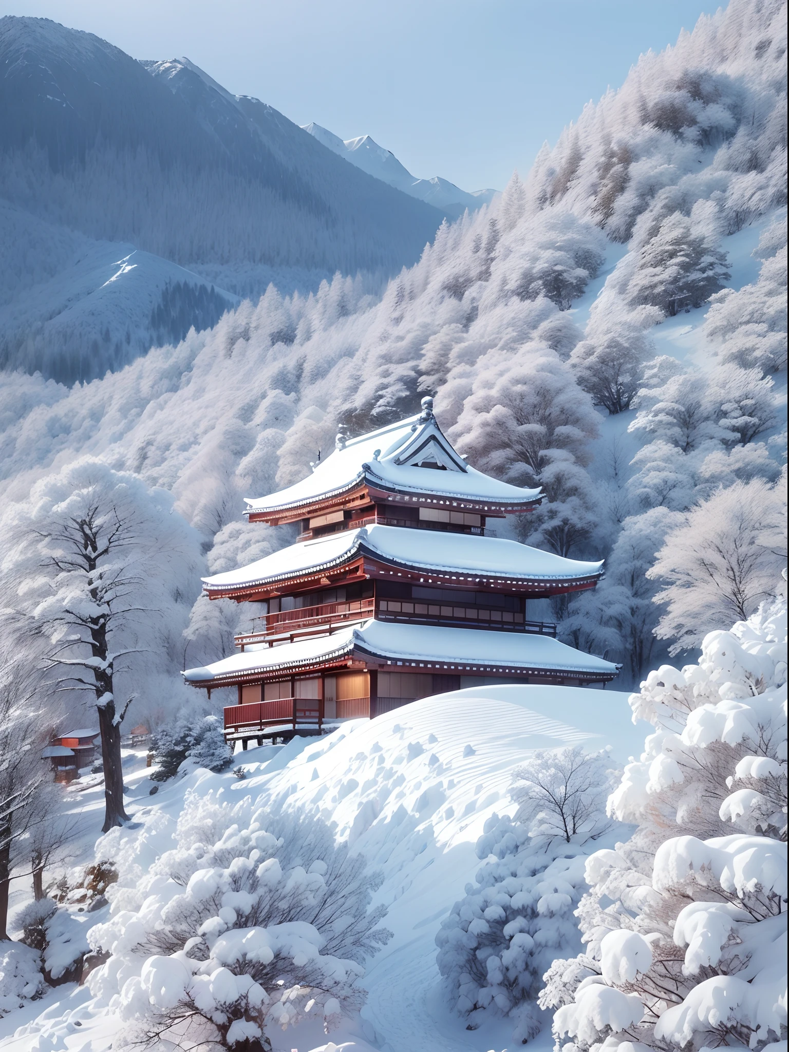 Snowy mountains, Tranquil snow-capped landscape, Breathtaking natural scenery, outside, traditional Japanese building, Peaceful mountain resort, A tranquil winter wonderland, Snow-covered peaks, Majestic beauty, Pristine white snow,