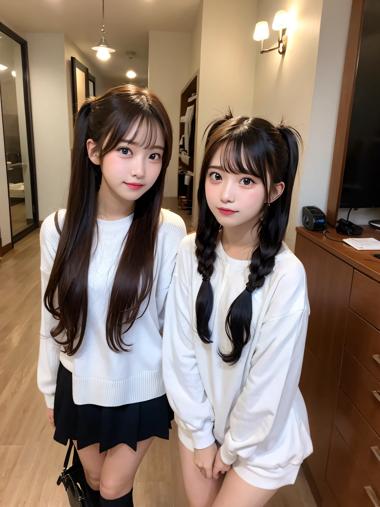 , 2girls, White clothes, Twintail hairstyles,