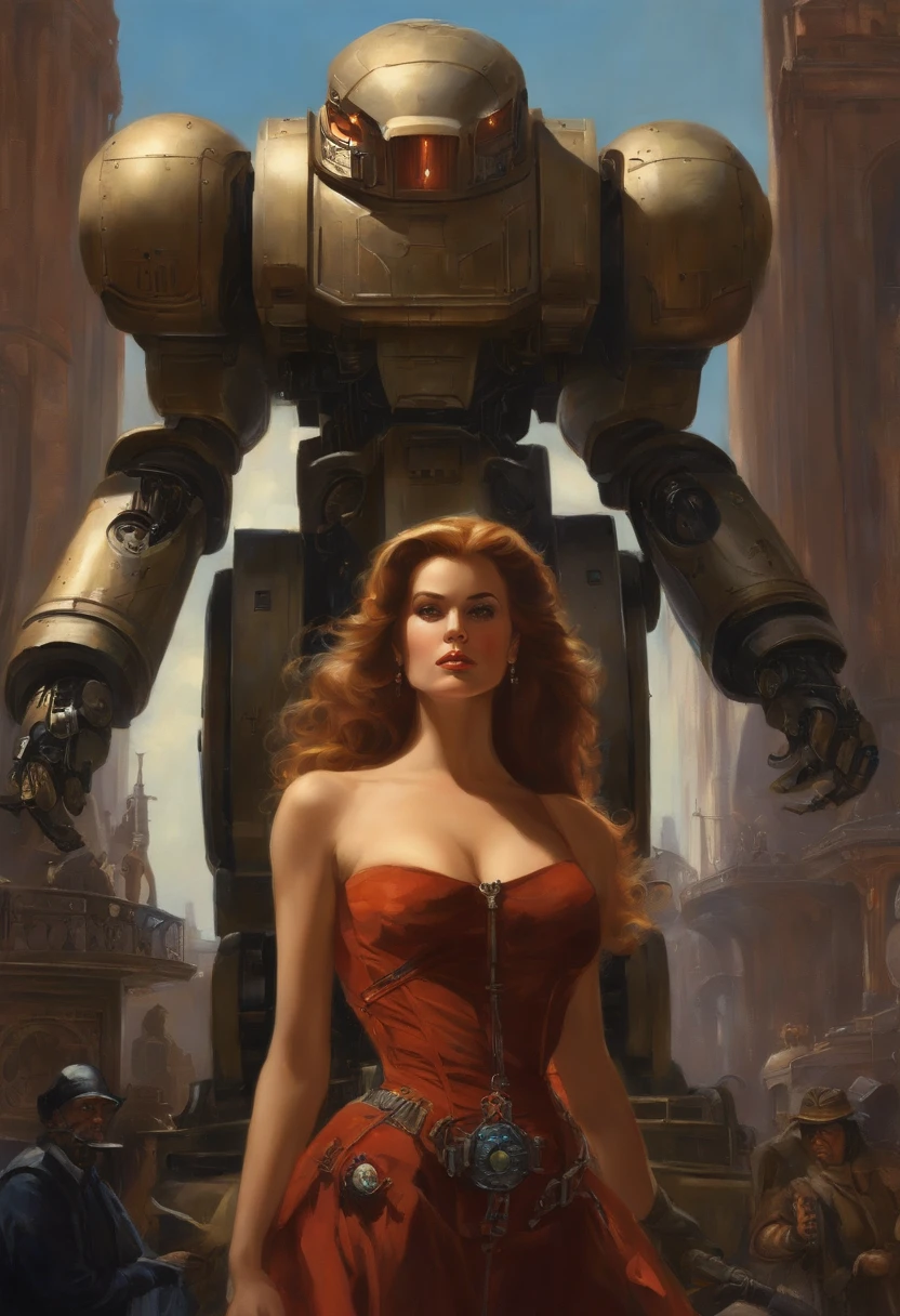 There's a woman in a dress standing in front of a giant robot, Directed by: Don Maitz, Retrato de Sofia Vergara, arte promocional, mulher atraente do cabelo castanho, retropunk, protagonista em primeiro plano, inspirado por Louis Pohl, Mechanicalgirl, visual anime de uma jovem mulher, compute shader, inspirado em Donato Giancola, Miniatura do YouTube, Arte do Chrome