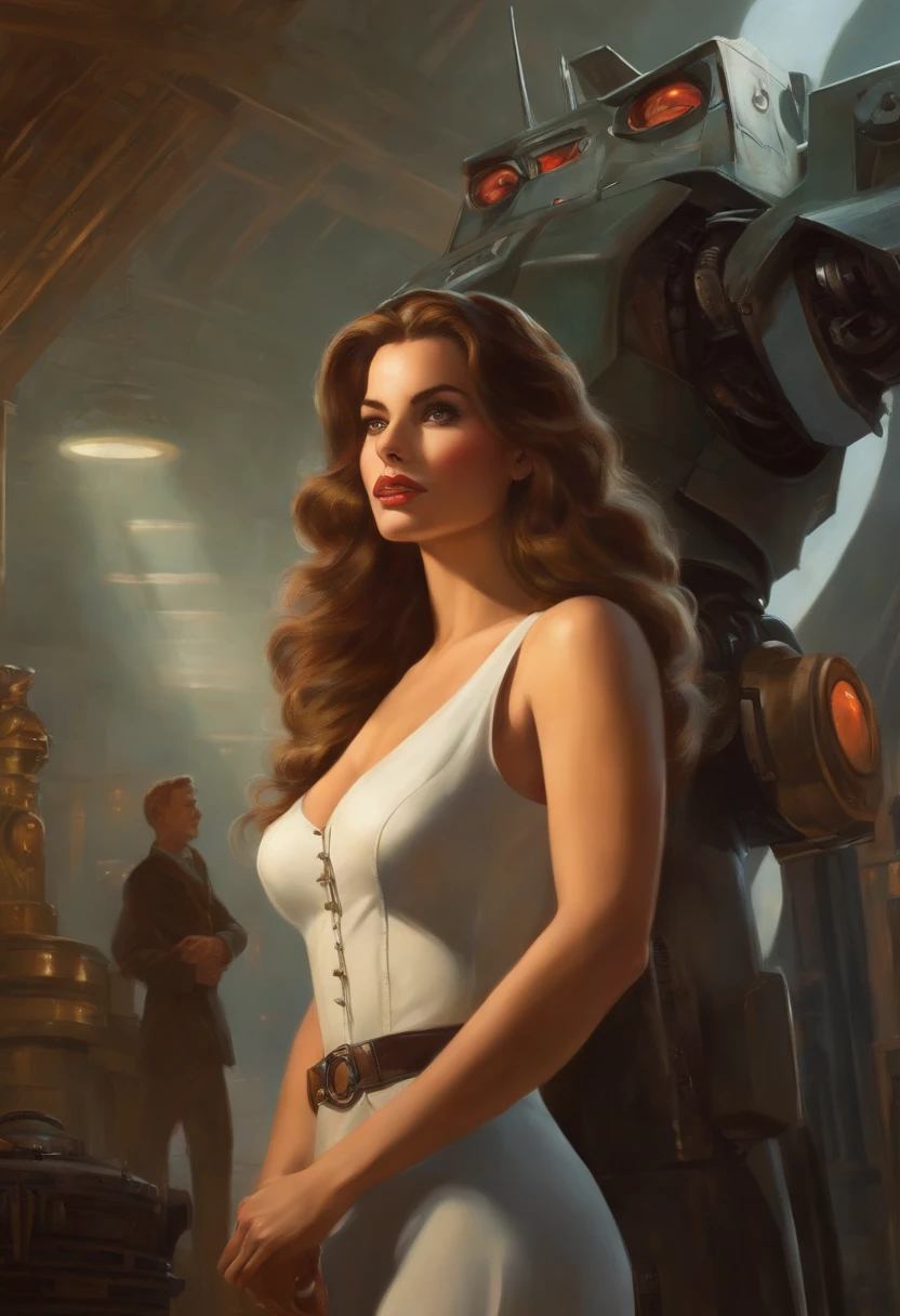 There's a woman in a dress standing in front of a giant robot, Directed by: Don Maitz, Retrato de Sofia Vergara, arte promocional, mulher atraente do cabelo castanho, retropunk, protagonista em primeiro plano, inspirado por Louis Pohl, Mechanicalgirl, visual anime de uma jovem mulher, compute shader, inspirado em Donato Giancola, Miniatura do YouTube, Arte do Chrome