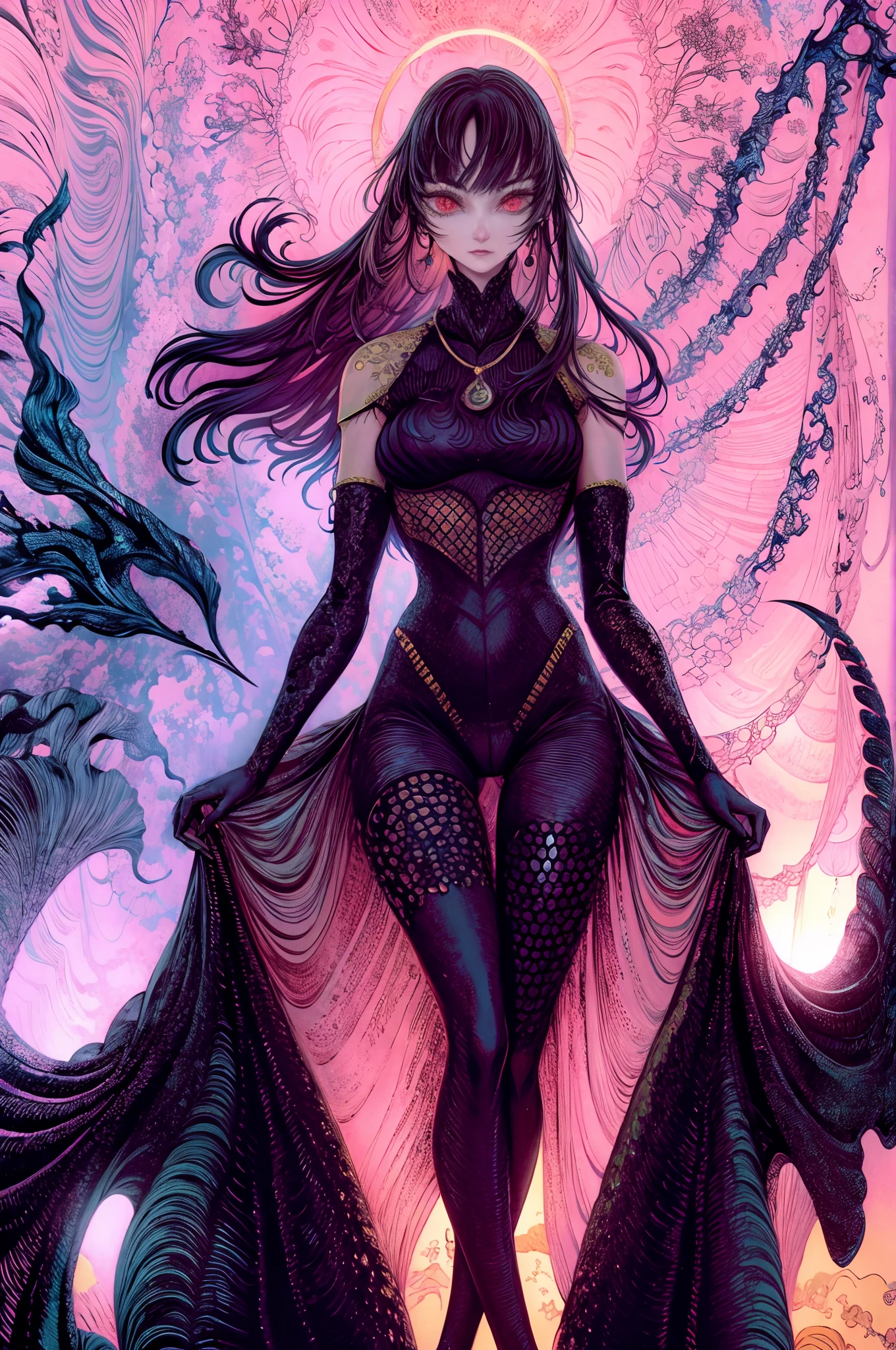 A creature taken from all men's dreams,sexy,Camel toe,thin gap,cuerpo femenino, shark teeth, Multiple extraviscous limbs, halo brillante en su cabeza, ojos rojos,In a space full of psychedelic patterns,axisymmetric,Enchanted look,long hair,anatomy correct,Skinny thighs,Squats,sit astride,leggings