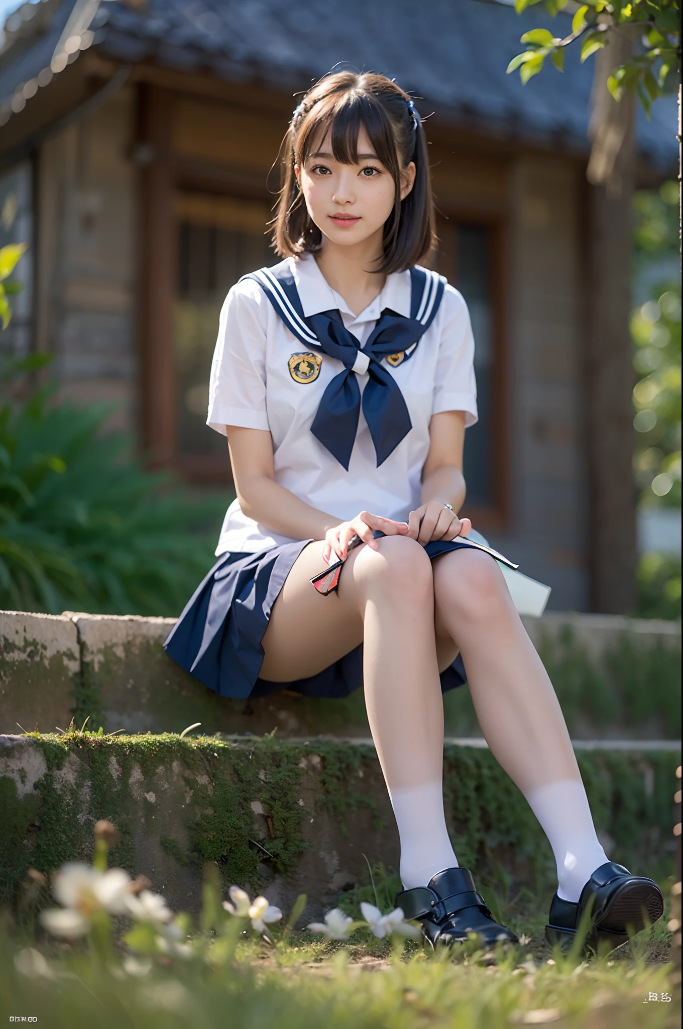 Ultra realistic schoolgirl in summer uniform, 17 years old girl、serafuku、Seifuku, Color Sailor Uniform, Japan school uniform, Tempting smile、Japanese ido、Skirt and thighs、Sitting on the lawn、Sitting, (Wearing pantyhose、Ultra-realistic pantyhose)、Raw photo, (in 8K、top-quality、​masterpiece:1.2)、(intricate detailes:1.4)、(Photorealsitic:1.4)、octane renderings、Complex 3D rendering ultra detail, Studio Soft Light, Rim Lights, vibrant detail, super detailing, realistic skin textures, Very detailed CG Unity 16k wallpaper, make - up, (detailedbackground:1.2),　shinny skin、turned around、Exposed thighs!!!、