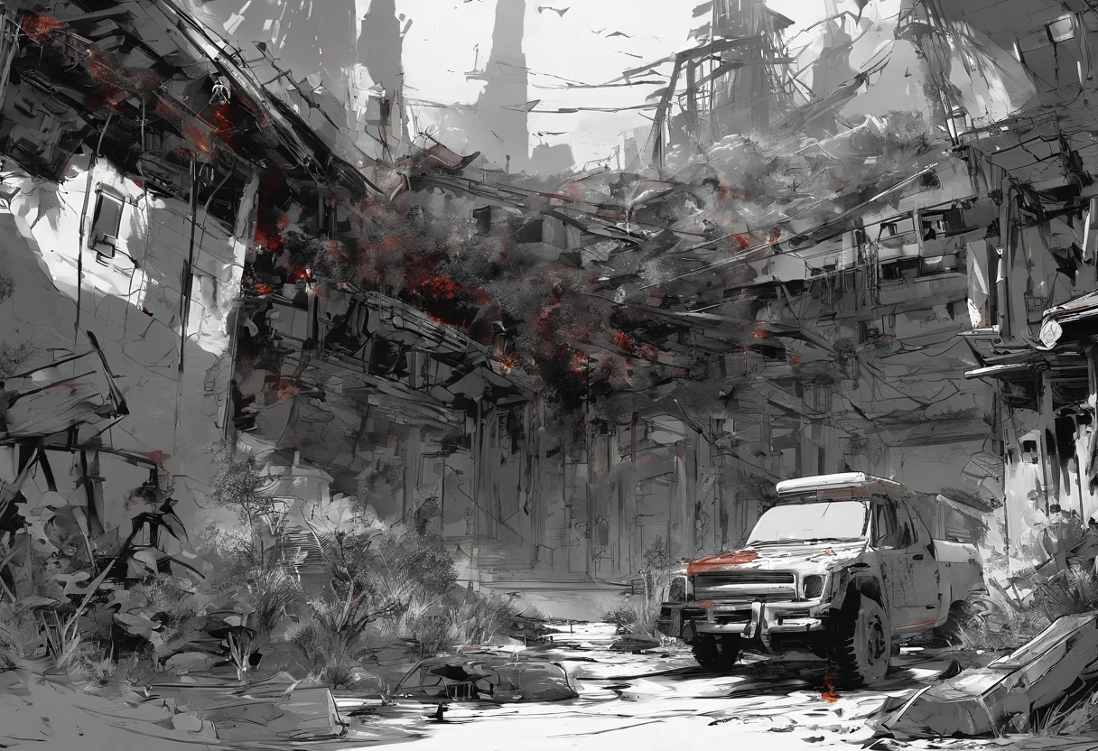 Post-apocalyptic war, tonos de color blanco, negro, Red and rust colors, sobrevivientes, vegetation, sombras, gloomy atmosphere, oscuridad, ((noche)), amplitud de paisaje, portada de un libro