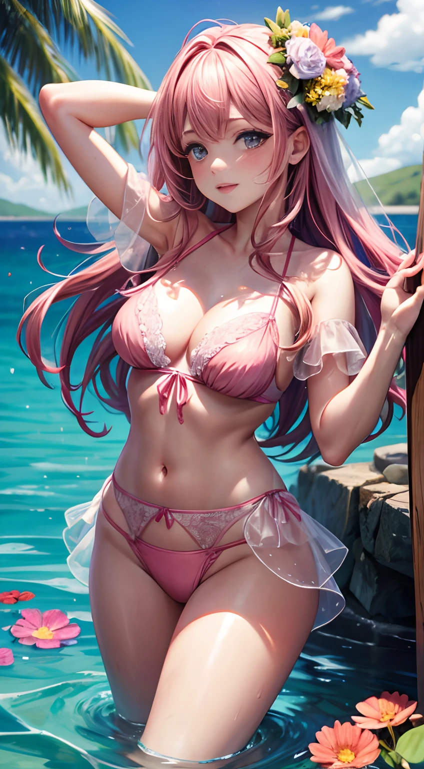 Woman in pink lingerie standing in front of a body of water,  With flowers, covered with flowers, Julia Salda, clothes made out of flower, woman in flowers