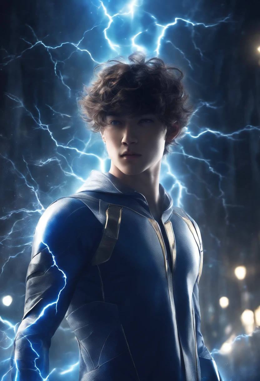 (17-year-old young man in soul body with blue and black lightning particles emitting around it), 3D rendering, movie special effects, movie lighting, city in ruins, clear HD, 8K resolution, very detailed, digital painting, concept art, Shinkai Makoto style, pop popularization trend, pop, pop trend, pop trend on pixiv.