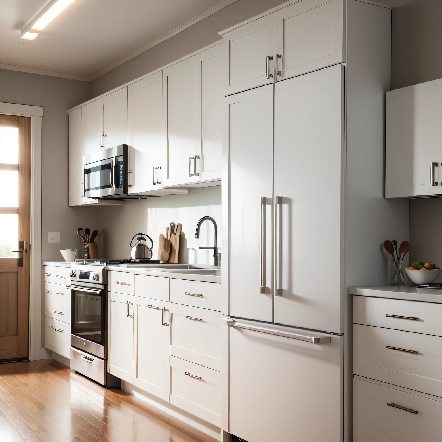 White appliances with Kitchen Cabinets with Concealing Ductwork and Accentuating Hinges