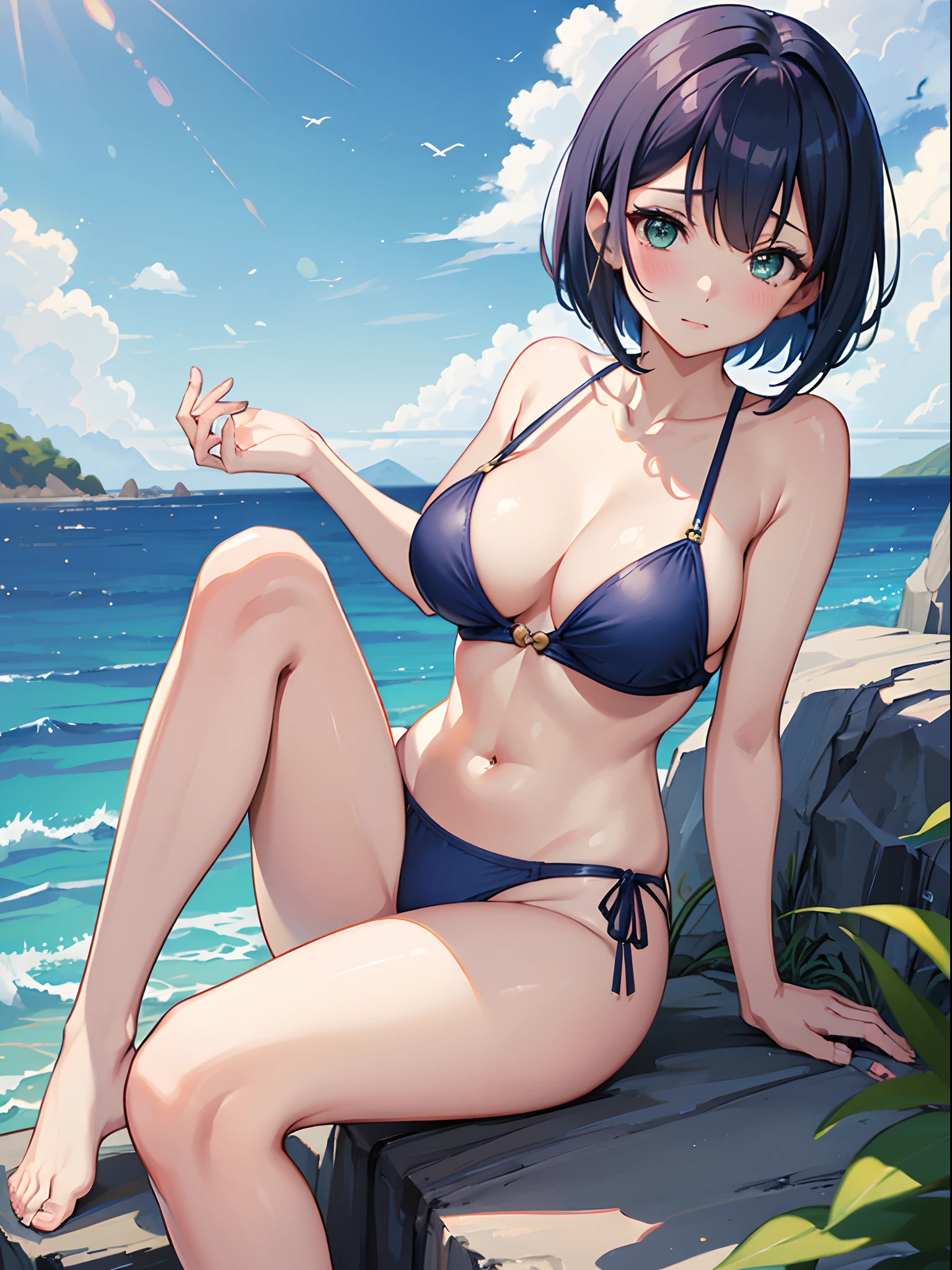 ((4K,masutepiece,Best Quality)), 1girl in,Navy blue bob hair,Navy green eyes,Cute,blush,girlfriend,medium breasts⁩, Swimsuit,