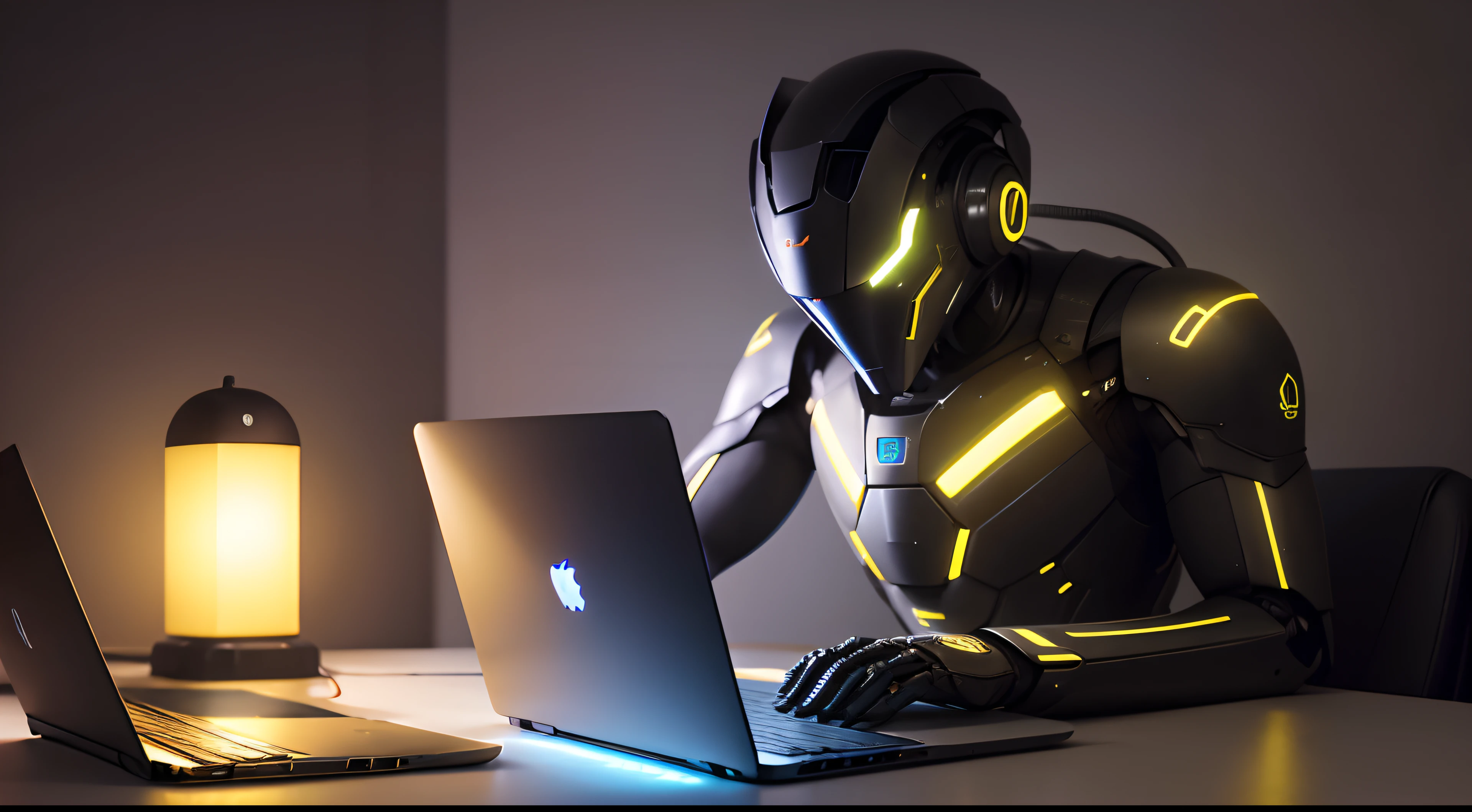 A male robot learn python logo display on laptop on Mac laptop. With black and yellow light.