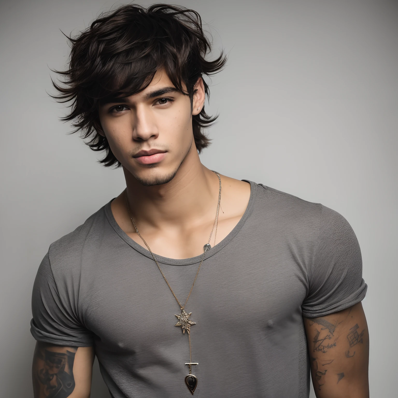 arafed man with a tattoo on his arm and a necklace on his neck, jovem bonito, Macho bonito, macho atraente, um homem bonito，cabelo curto preto, rosto masculino bonito, bonito e atraente, jovem atraente, homem atraente, large messy hair style, jovem bonito, cabelo desgrenhado fresco, rosto bonito perfeito, modelo masculino, jovem bonito, Julian Serrano 8k