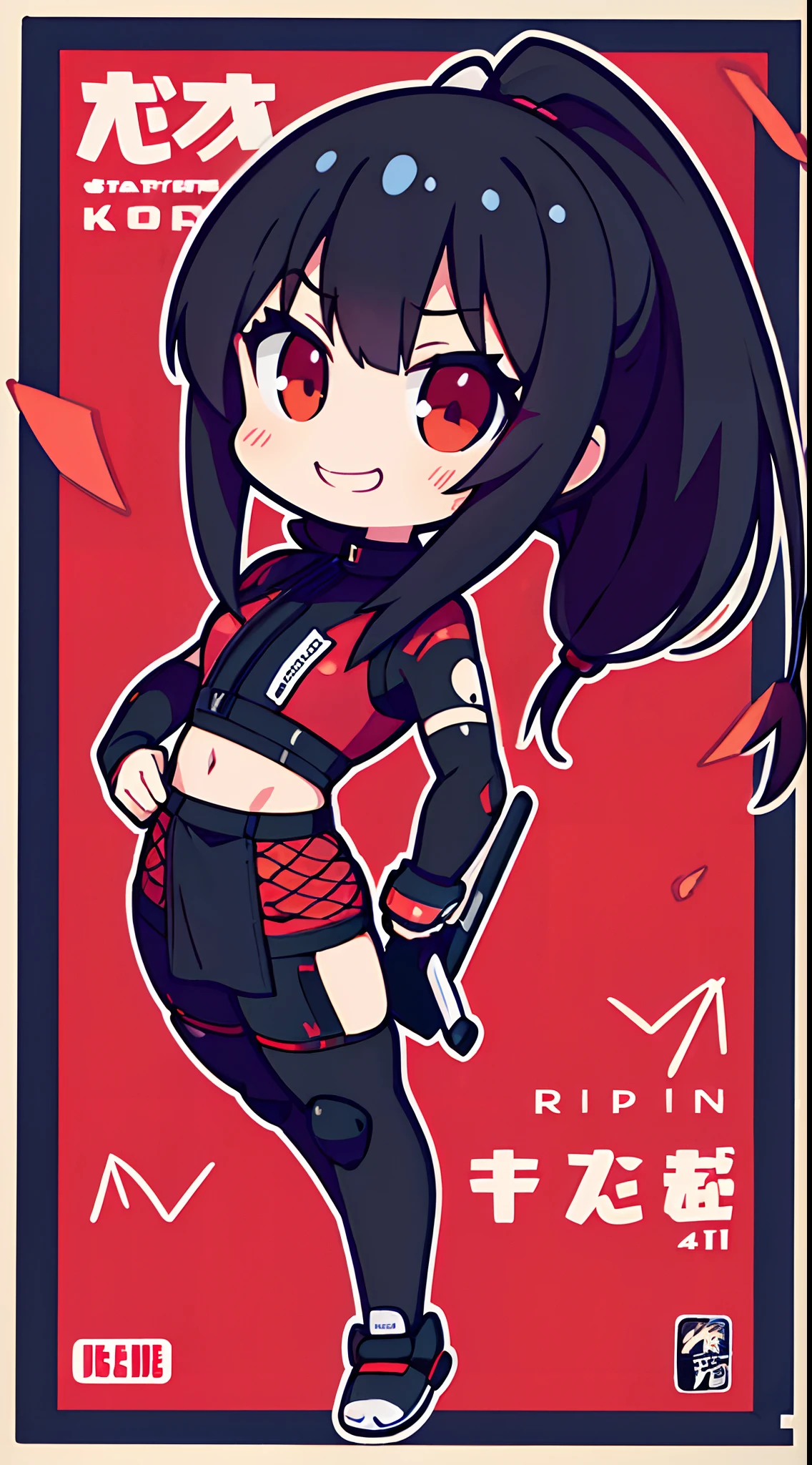 (Best Quality,4K,High resolution), girl with, Red mesh hair on black hair, Long hair, poneyTail  , Comical appearance，Bad face，ssmile，comic strip，animesque，Comical illustration，fly about，Kunoichi，Black attire，Exposed skin a lot，Deformed cute illustration，Compact size，Small body