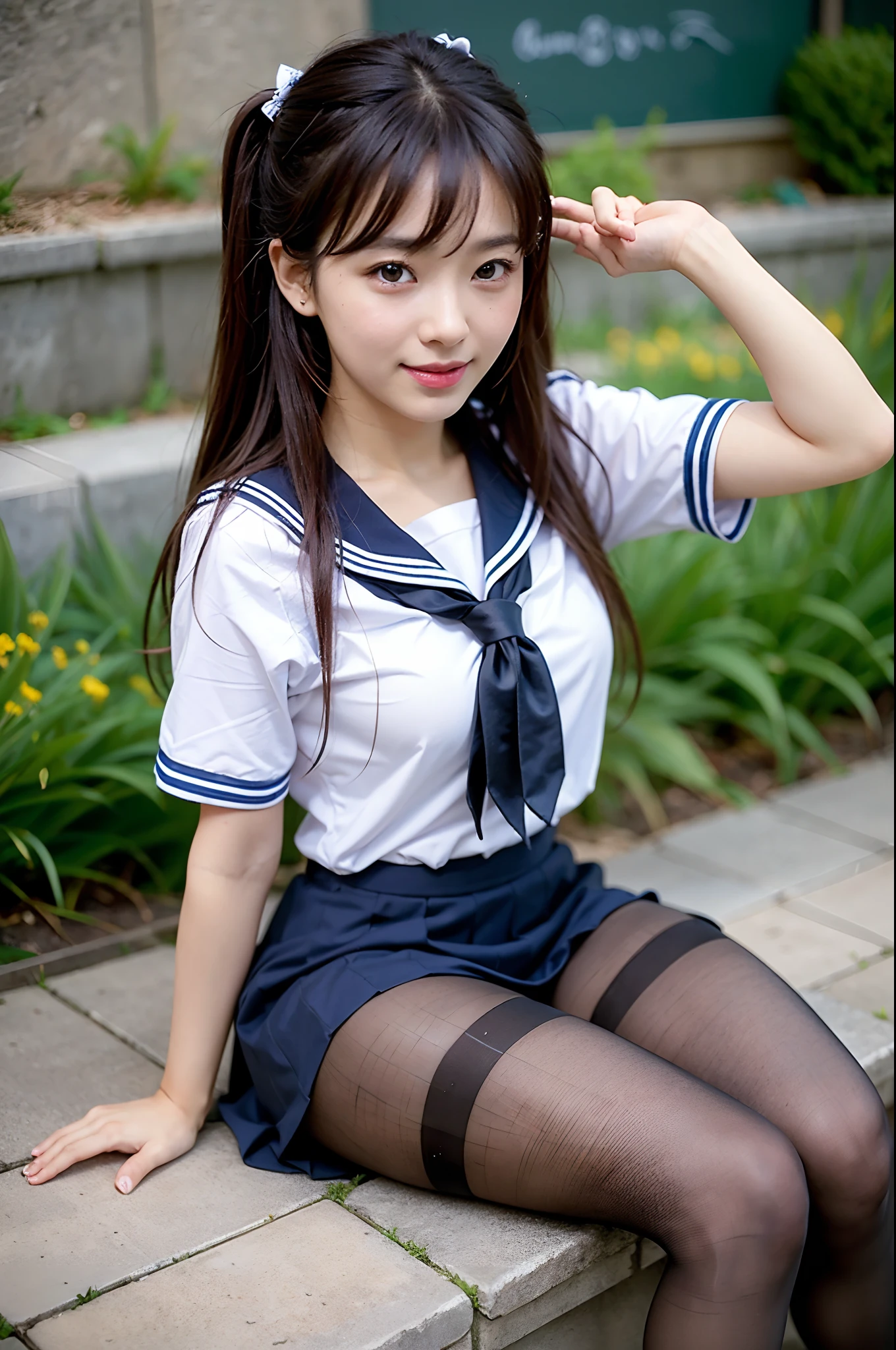 Ultra realistic schoolgirl in summer uniform,  girl、serafuku、Seifuku, Color Sailor Uniform, NSFW,Japan school uniform, Tempting smile、Japanese ido、Skirt and thighs、Sitting on the lawn、Sitting, (Wearing pantyhose、Ultra-realistic pantyhose)、Raw photo, (in 8K、top-quality、​masterpiece:1.2)、(intricate detailes:1.4)、(Photorealsitic:1.4)、octane renderings、Complex 3D rendering ultra detail, Studio Soft Light, Rim Lights, vibrant detail, super detailing, realistic skin textures, Very detailed CG Unity 16k wallpaper, make - up, (detailedbackground:1.2),　shinny skin、turned around、Exposed thighs!!!、