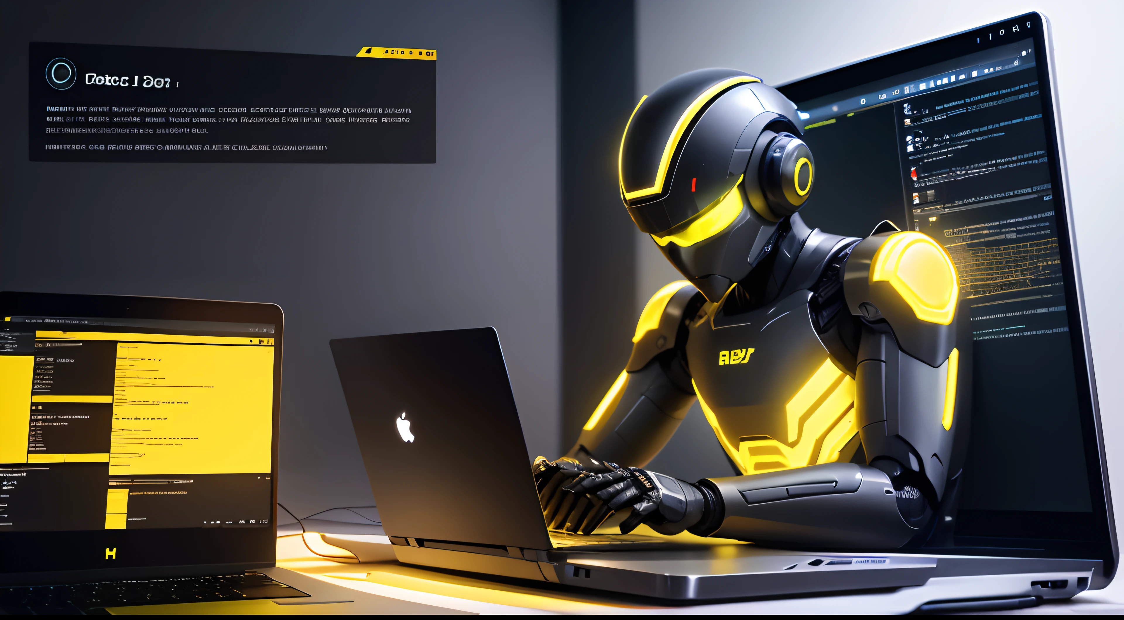 A male robot learn coding display on laptop on Mac laptop. With black and yellow light.