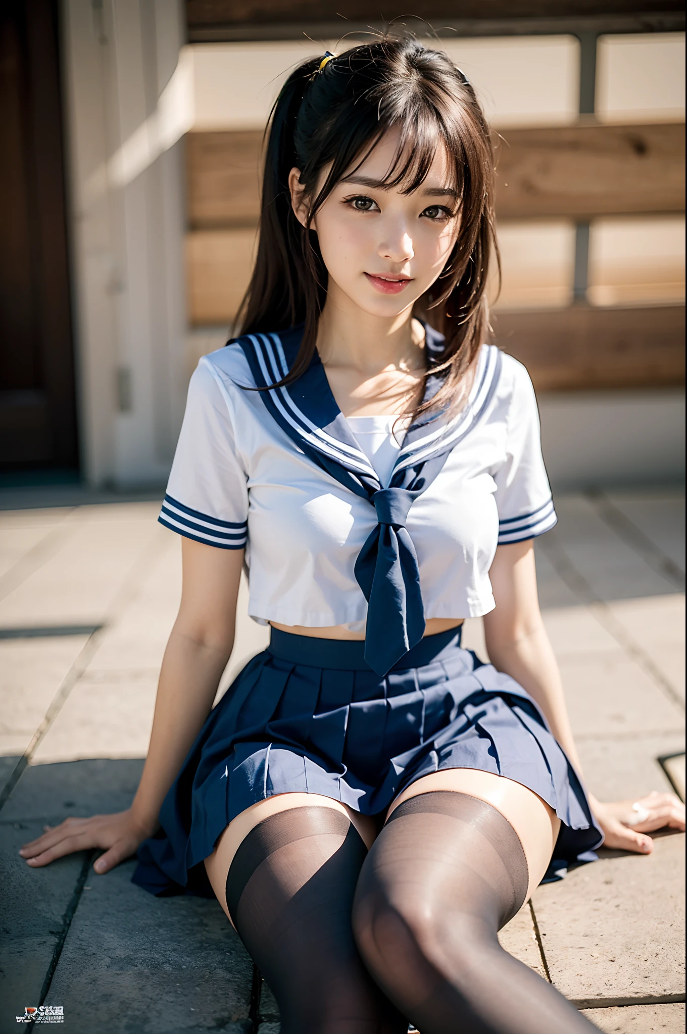 ,(In 8K,Tabletop,highest quality,Ultra-high resolution output images,),(Intricate details,),(Set the picture mode to Ultra HD),Detailed clothing features,Detailed hair features,Detailed facial features,((school uniform:1.3)), ((Sailor suit:1.3)), High school girls, cute, , Red ribbon, Station stairs, The background is buildings, Full Body Shot,  ((Knee Up:1.3)), Black pleated skirt, nsfw:1.5, ((spread legs:1.3)), ((Showing panties:1.3)), smile, (Brown medium hair,bangs), Nogizaka、cute、Flexible fingertips,Beautiful dark eyes、Natural skin texture:1.3, Realistic eye and facial details:1.7、Staring at the audience,Lift up the skirt, School Bags