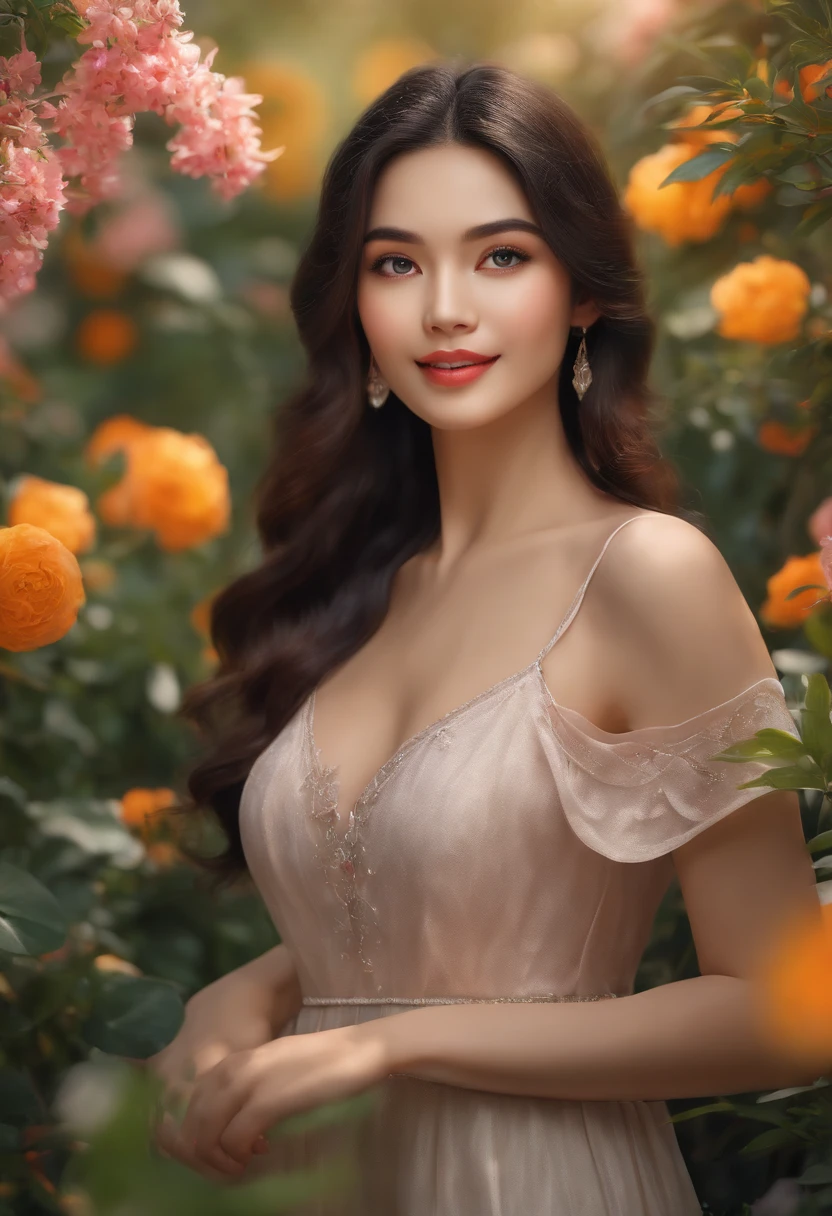 (best quality,4k,8k,highres,masterpiece:1.2),ultra-detailed,realistic, beautiful detailed eyes, beautiful detailed lips, extremely detailed eyes and face, long eyelashes, shiny black hair, fair skin, stylish outfit, trendy accessories, joyful expression, standing in a blooming garden, surrounded by colorful flowers, warm sunlight illuminating the scene, vibrant colors, soft and gentle color palette, artful brush strokes, oil painting style, reminiscent of a beautiful painting, capturing the essence of youth and innocence, Vietnamese cultural elements subtly incorporated, a sense of freshness and vitality embraced, evoking a feeling of joy and admiration.
