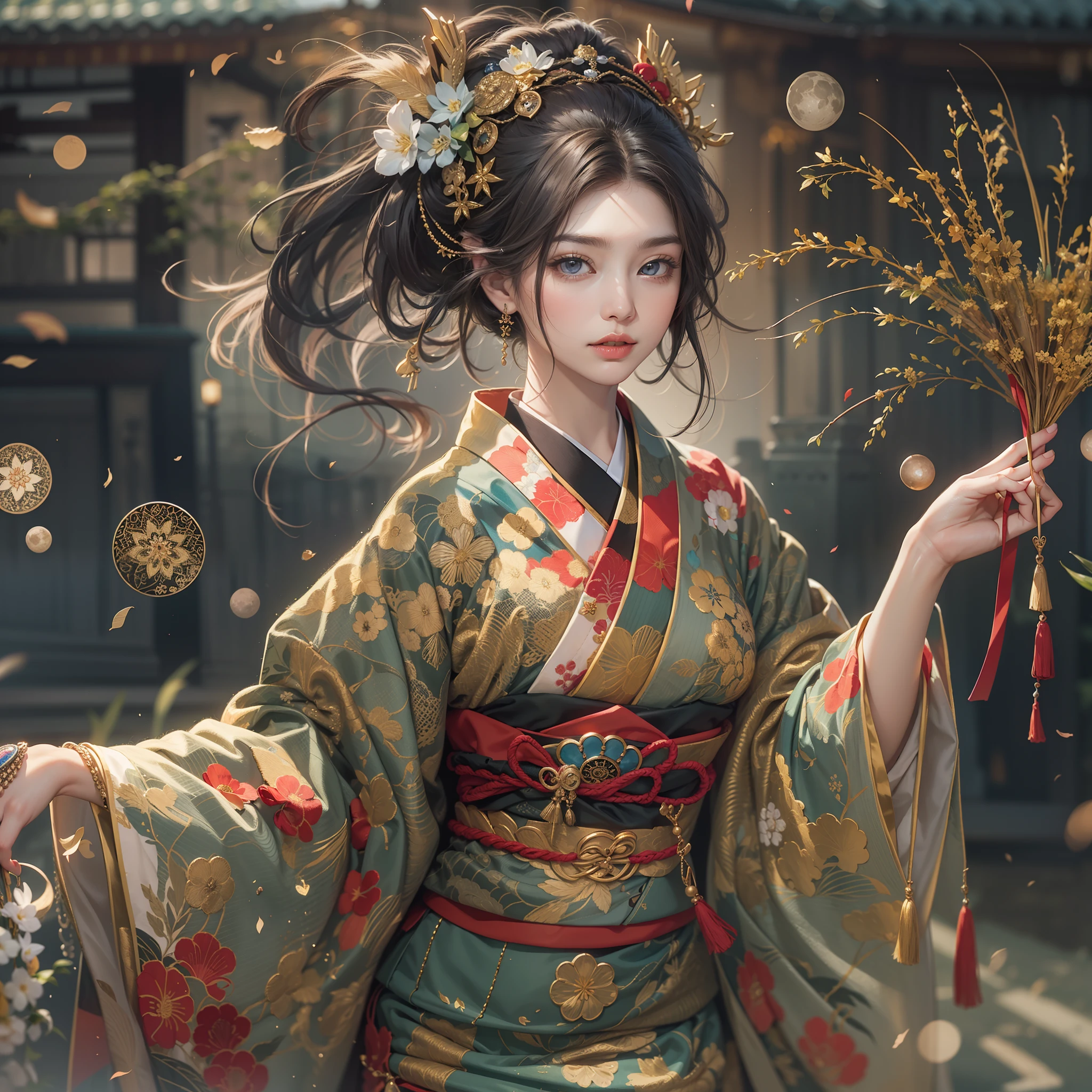 a moon、Detailed background((ancient city:1.2),细致背景)、Elegant backgrounds,Zen entanglement, mandalas, Tangled, Tangled,glossy dark hair,poneyTail,Lots of bouquets in hand, BREAK,elaborate costume{Luxury kimono(Colorful kimono(Detailed golden embroidery,))}、Japanese Idol(actress),Depict a beautiful and graceful woman of Japan。Heart in the eye。 Wallpaper 8K, .Blur the background with a sickle,((masutepiece)), ((Best Quality)),{{a portrait photo of}},full body Esbian