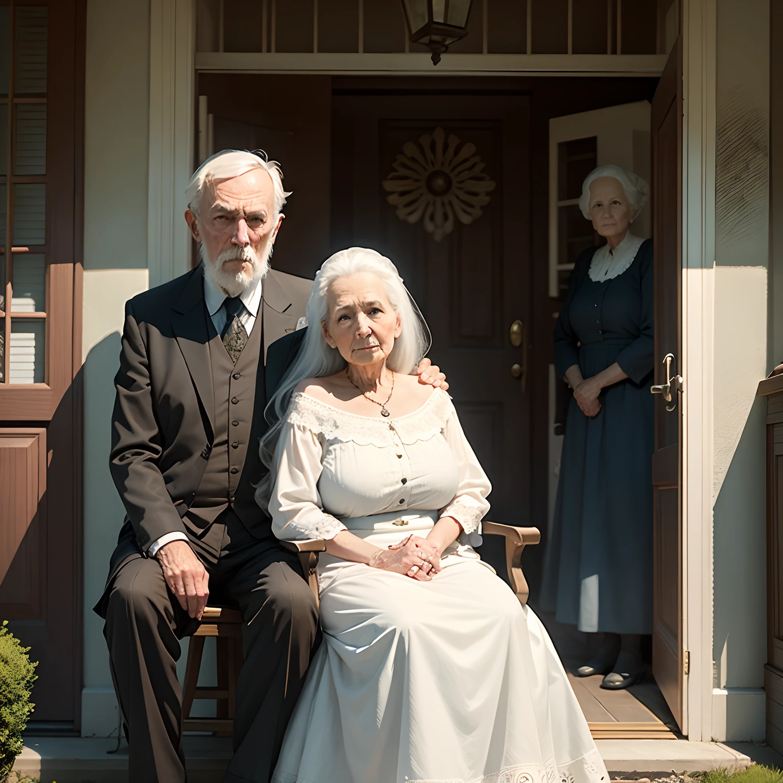 The mother-in-law and the ghostly old man sat in front of the house