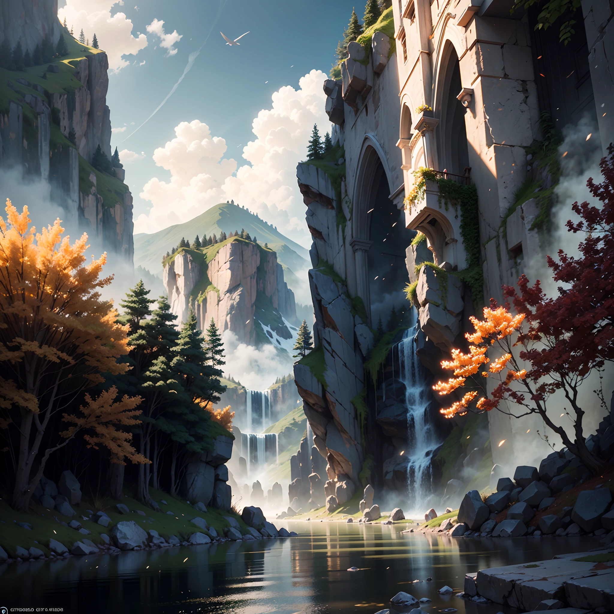 Masterpiece, best quality, high quality, extremely detailed CG unity 8k wallpaper, landscape, outdoor, sky, cloud, sky, no humans, mountain, landscape, water, tree, blue sky, waterfall, cliff, nature, lake, river , cloudy skies, award winning photography, bokeh, depth of field, HDR, bloom, chromatic aberration, photorealism, very detailed, trending on artstation, trending on CGsociety, intricate, high detail, dramatic, midjourney art