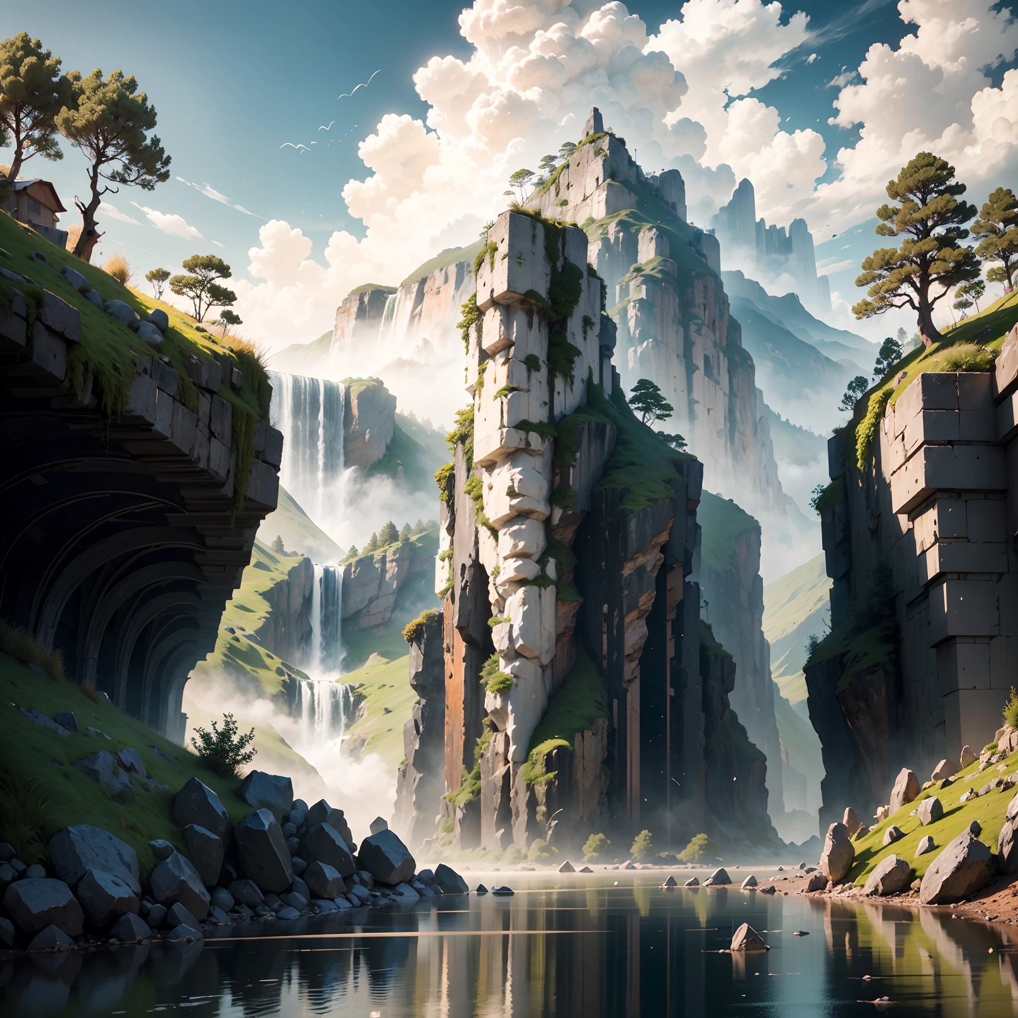 Masterpiece, best quality, high quality, extremely detailed CG unity 8k wallpaper, landscape, outdoor, sky, cloud, sky, no humans, mountain, landscape, water, tree, blue sky, waterfall, cliff, nature, lake, river , cloudy skies, award winning photography, bokeh, depth of field, HDR, bloom, chromatic aberration, photorealism, very detailed, trending on artstation, trending on CGsociety, intricate, high detail, dramatic, midjourney art