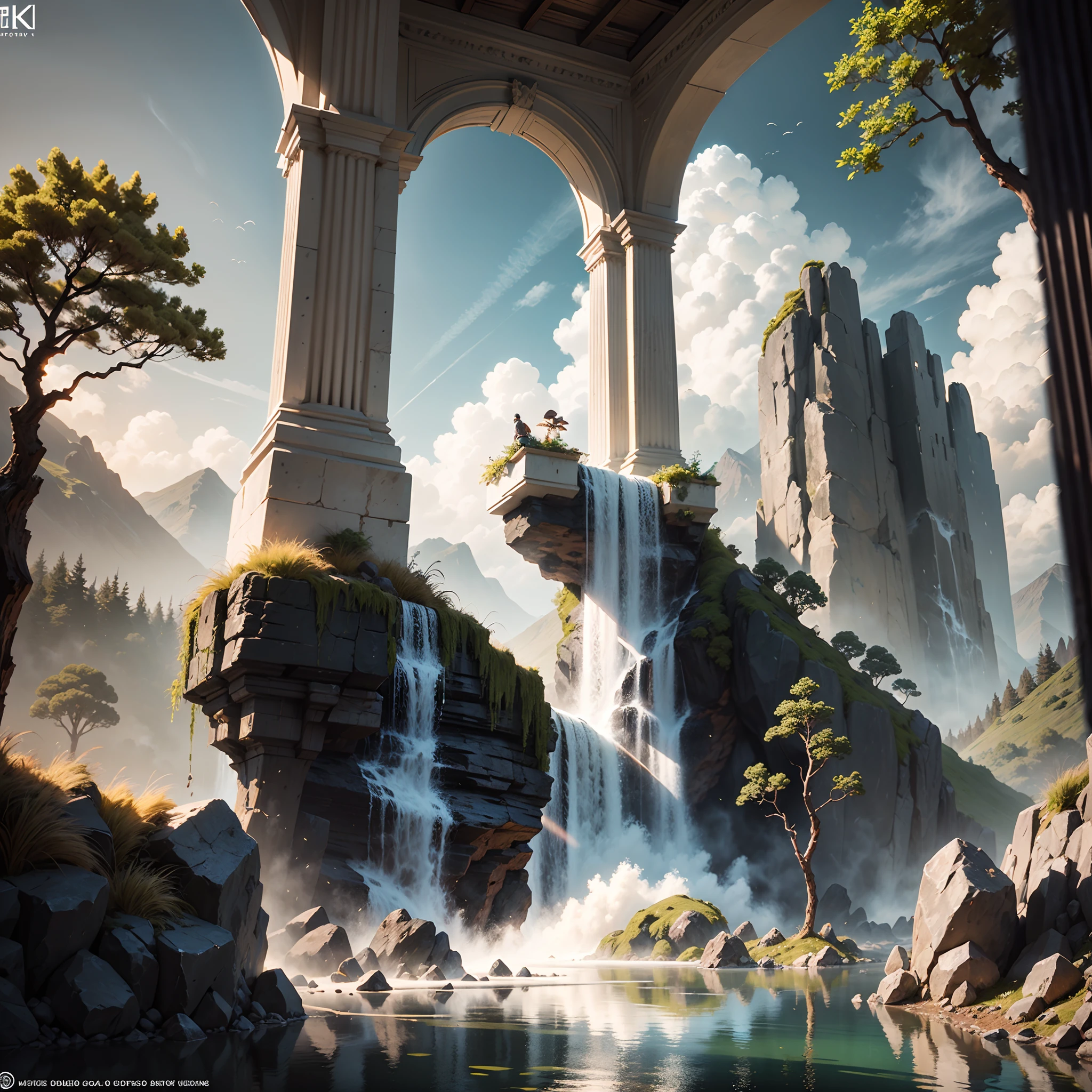 Masterpiece, best quality, high quality, extremely detailed CG unity 8k wallpaper, landscape, outdoor, sky, cloud, sky, no humans, mountain, landscape, water, tree, blue sky, waterfall, cliff, nature, lake, river , cloudy skies, award winning photography, bokeh, depth of field, HDR, bloom, chromatic aberration, photorealism, very detailed, trending on artstation, trending on CGsociety, intricate, high detail, dramatic, midjourney art