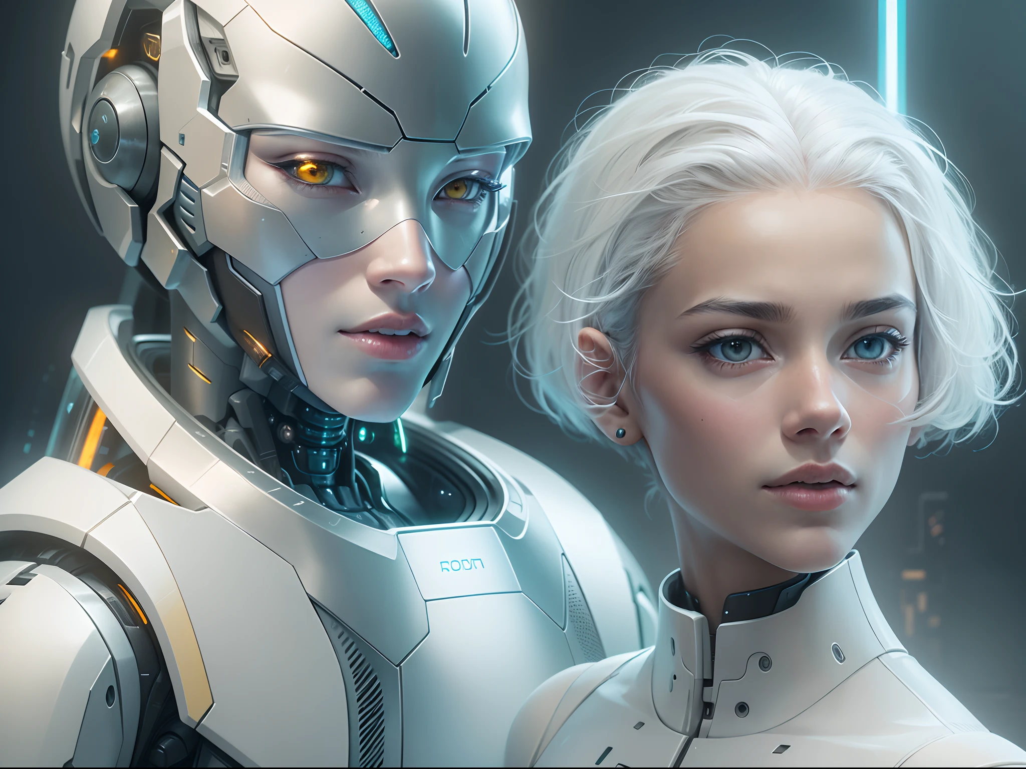 A creative background that symbolizes diversity and freedom, cutting-edge technology, a white-haired young philosopher and an AI robot (beautiful android) standing side by side. High resolution, high quality, photorealistic, masterpiece, future technology, the best one shot that makes you feel the future,