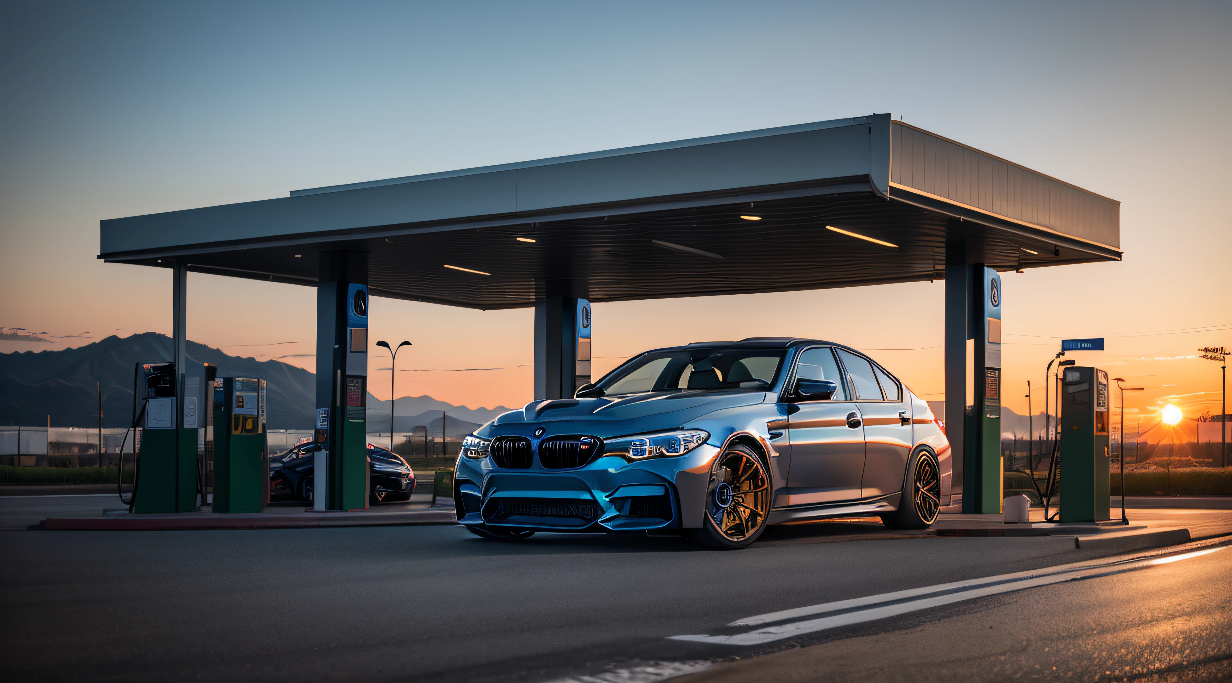Aesthetic BMW M5 at a gas station at sunset with nature in the distance