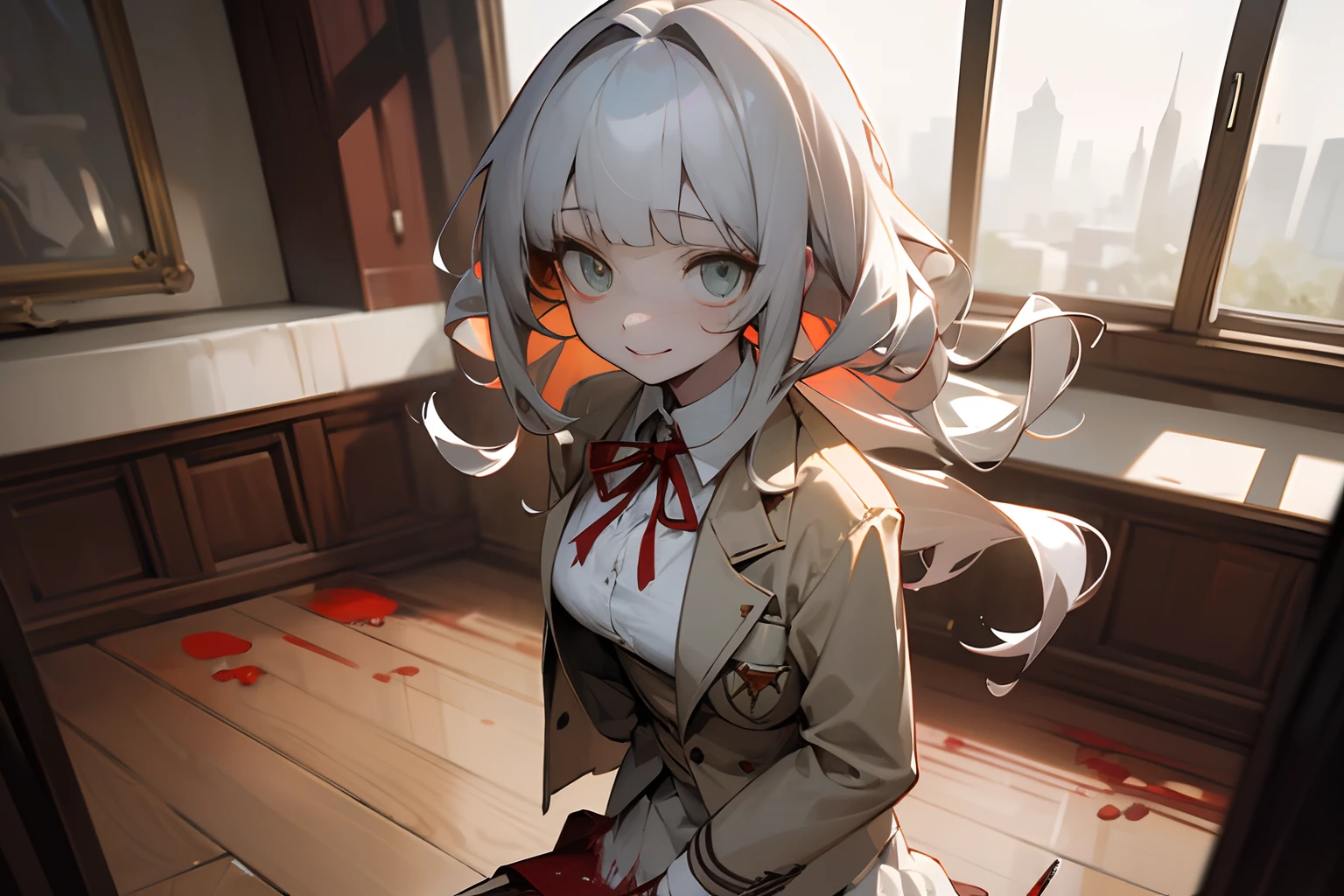 ((Masterpiece)), (Professional Photography:1.2), (High Definition:1.3), best quality, 8K, wide shot, Textured skin, cinematic lighting, (very crazy face, despair eyes), 1girl, ((Crazy eyes, crazy smile))short stature, (( girl)), bloody, (Knife in right hand), Blood splattered on the floor, sit on Eerie and horror classroom, (very blunt bangs, slightly loose curls hair, breasts length hair, high details of pale silver hair), green eyes, slender waist, (pale Ivory color blazer student's uniform, white blouse, red string ribbon, brown skirt)