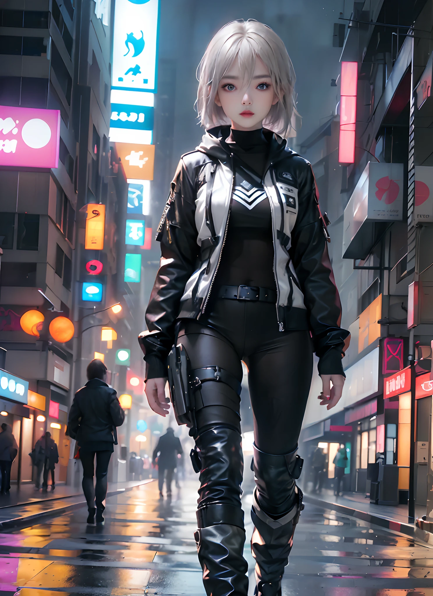 ((top-quality)), (((masterpiece)), (detaileds: 1.4), 3D, Beautiful Cyberpunk Woman Image, bob cuts, Broken black tights, leather clothes, Electromechanical, nffsw(HighDynamicRange), Ray traching, NVIDIA RTX, Hyper-Resolution, Unreal 5, Sub-surface scattering, PBR Texture, Postprocess, Anisotropy Filtering, depth of fields, Maximum sharpness and acutance, Multilayer Texture, Albedo and Highlight Maps, Surface Coloring, Accurate simulation of light-material interactions, perfectly proportions、octane renderings、two tone lighting、Large aperture、Low ISO、White Balance、thirds rule、8K Raw、masterpiece、top-quality、(8k extremely detailed CG unit wallpaper)(top-quality)、(The best illustrations)、(Best Shadows), innocent blue eyes, long hair, body swimsuit, poni hair