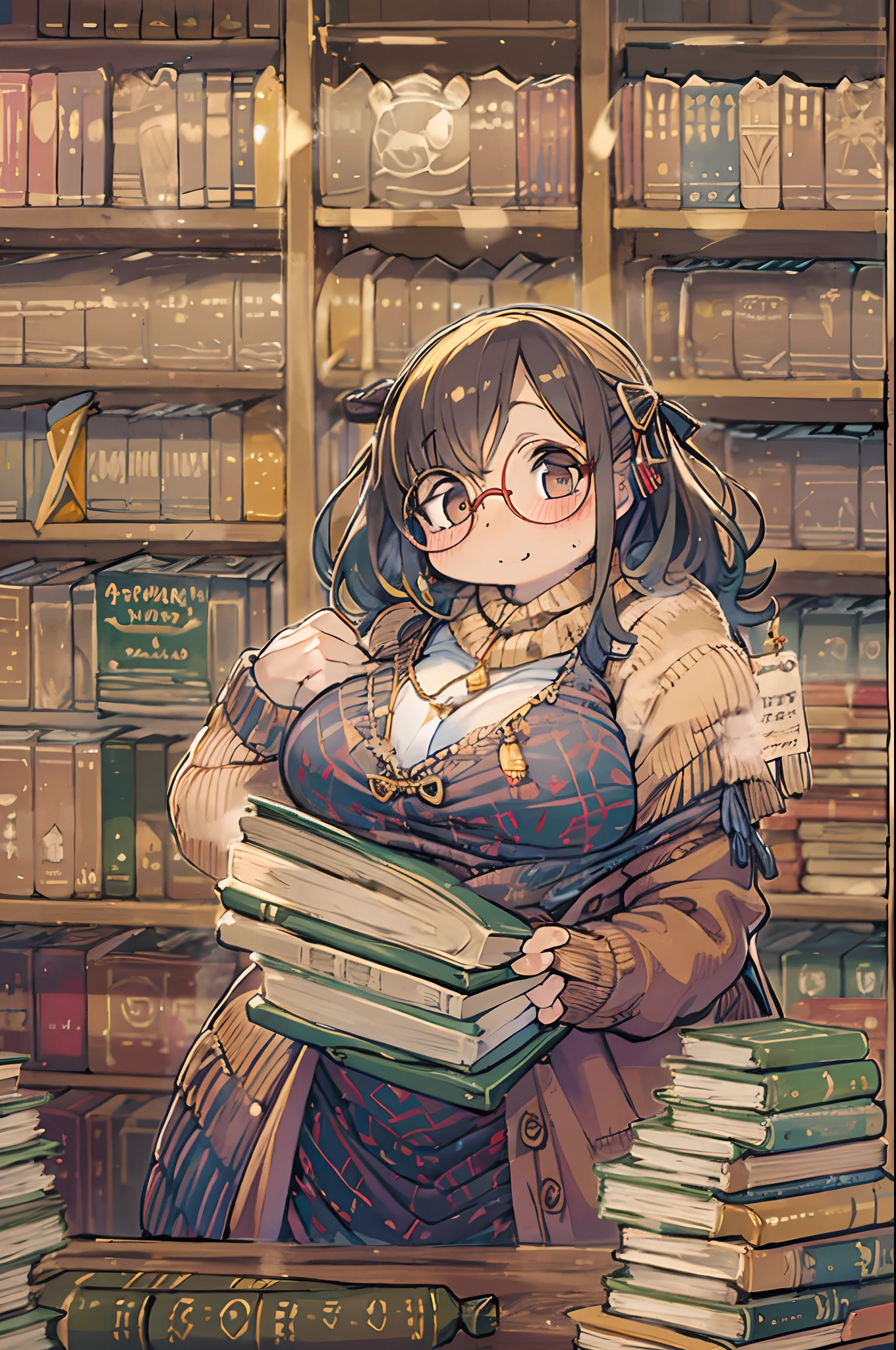 Huge library、1 librarian、One Woman、small round glasses、bbw