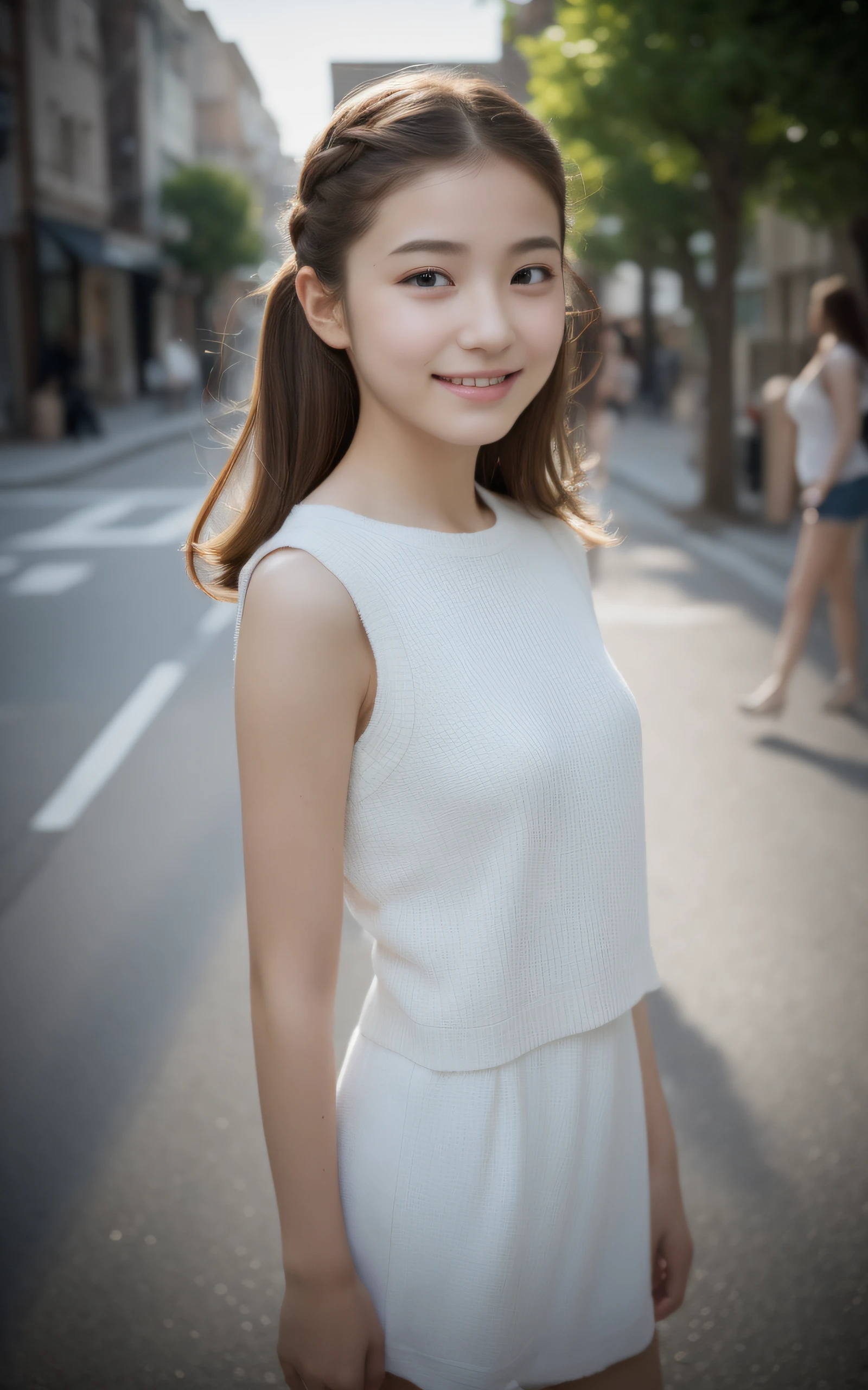 Top quality, realistic, perfect human body structure, very detailed, very delicate and beautiful, RAW photography, walking, residential street, dynamic pose, professional lighting, luminescence, depth of field, single focal, ((full body)), 13 year old girl, smile, brown hair, small head, ((big)), baby face, beautiful eyes, real face, realistic skin, detailed eyes, (fashionable hairstyle: 1.3), gravure idol, absurderes、Incredibly Ridiculous res、Extremely fine,