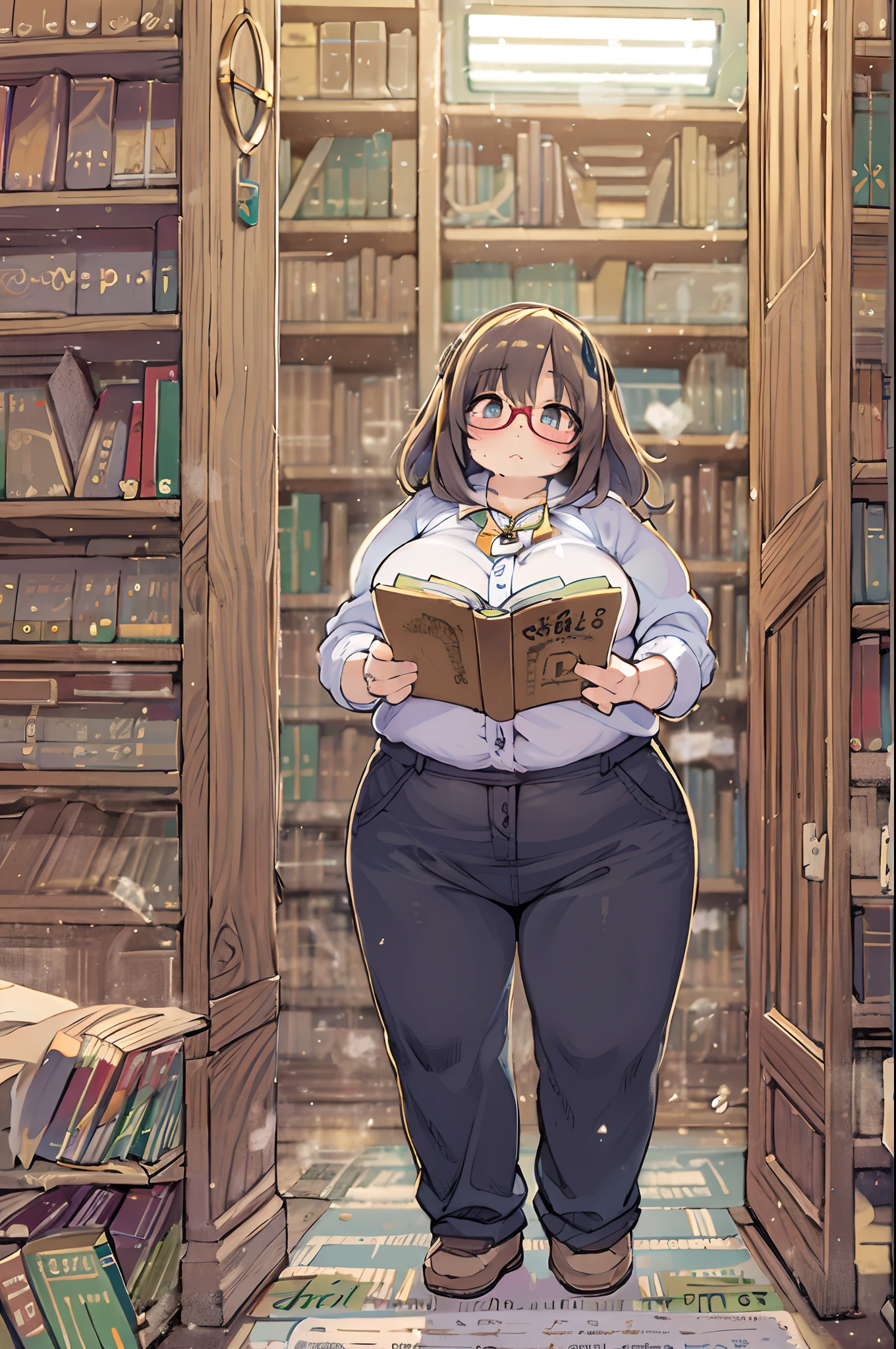 Huge library、1 librarian、One Woman、small round glasses、huge-breasted、(((((bbw)))))、pantyshot 、 up skirt、From below、big butts