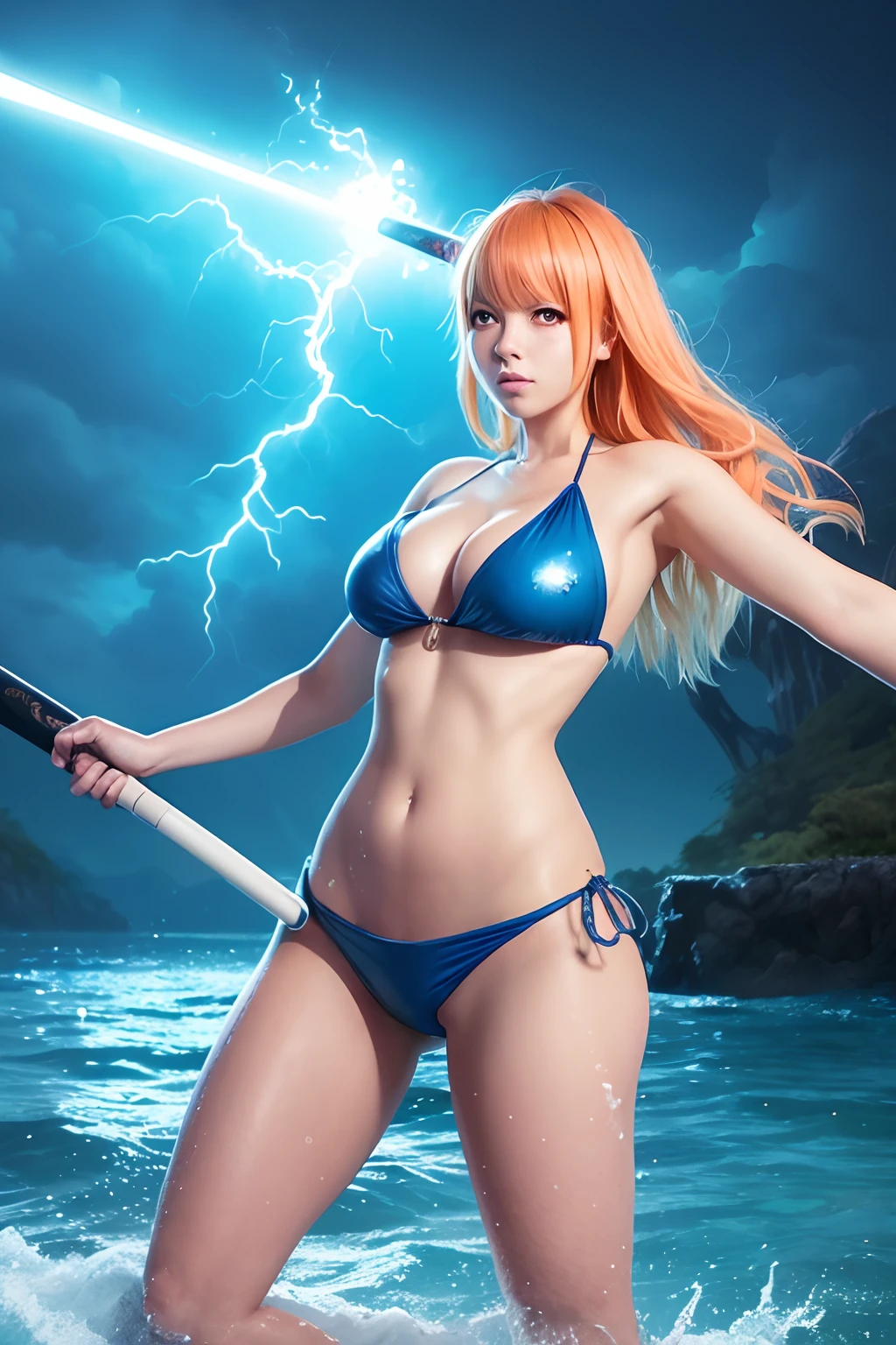 there is a woman in a bikini holding a baseball bat, nami from one piece, nami one piece, deviantart artstation cgscosiety, splashes of lightning behind her, epic digital art illustration, goddess of lightning, epic fantasy digital art style, epic fantasy digital art, 2. 5 d cgi anime fantasy artwork, mermaid cyborg with a laser whip