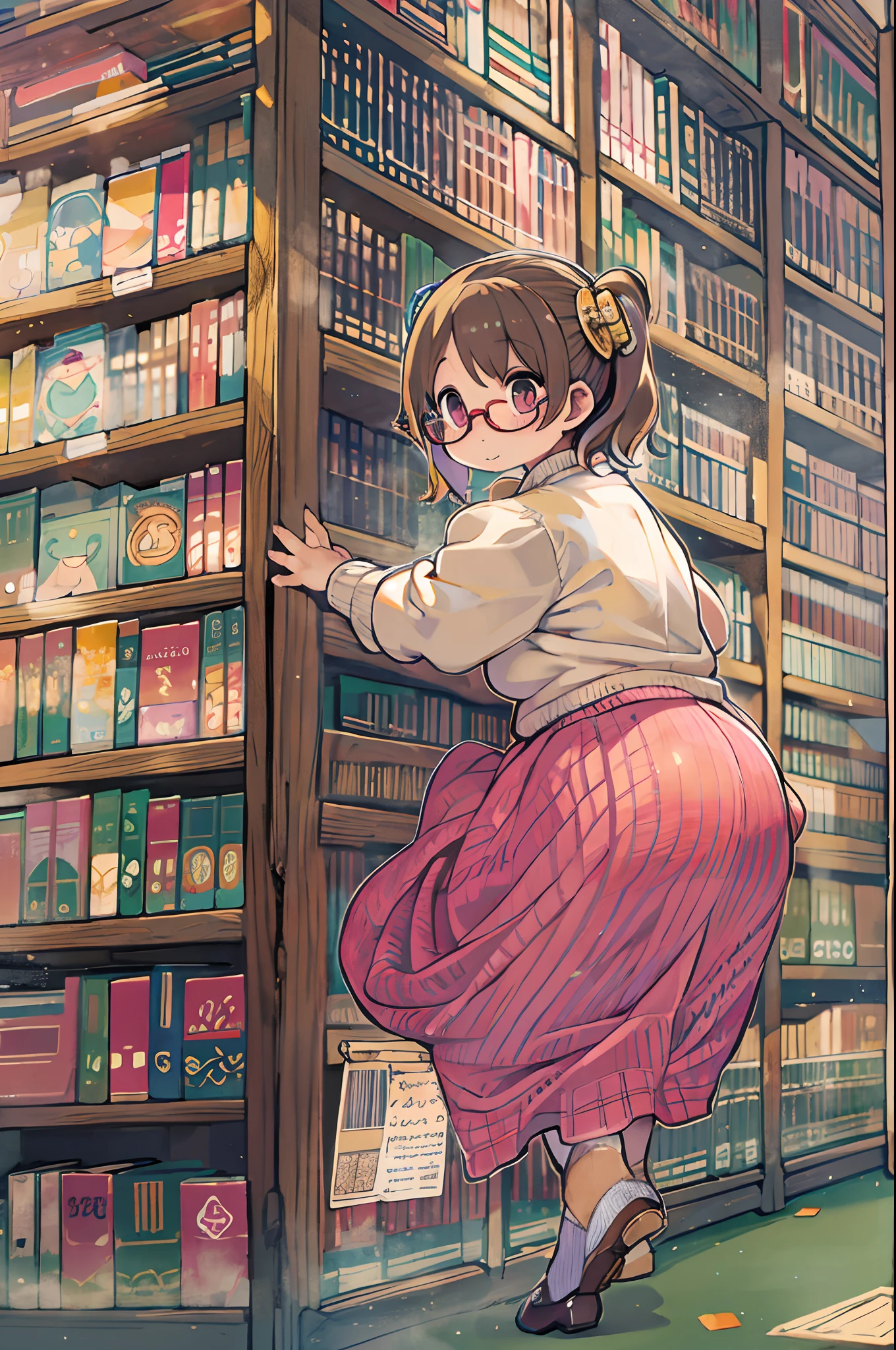 Huge library、1 librarian、One Woman、small round glasses、bbw