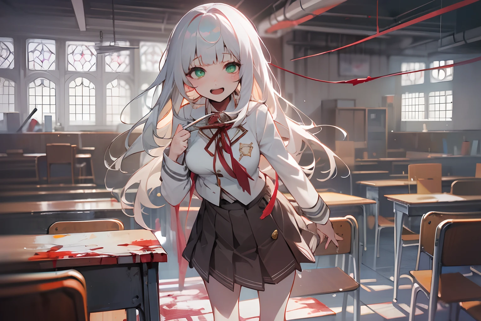 ((masutepiece)), (Professional Photography:1.2), (High Definition:1.3), Best Quality, 8K, From above, Wide Shot, Textured skin, Cinematic lighting, (Very crazy face, Eyes of Despair), ((Crazy eyes, Crazy smile, Open mouth)), Short stature, ((1girl in, Young teenage girl)), (lie down), Blood splattered on the floor, Spooky and horror dark classroom, (very dull bangs, Slightly loose curled hair, chest-length hair, High detail with pale silver hair, Beautiful green eyes,) Slender waist, (Pale ivory blazer student uniform, White blouse, Red string ribbon, Brown skirt)