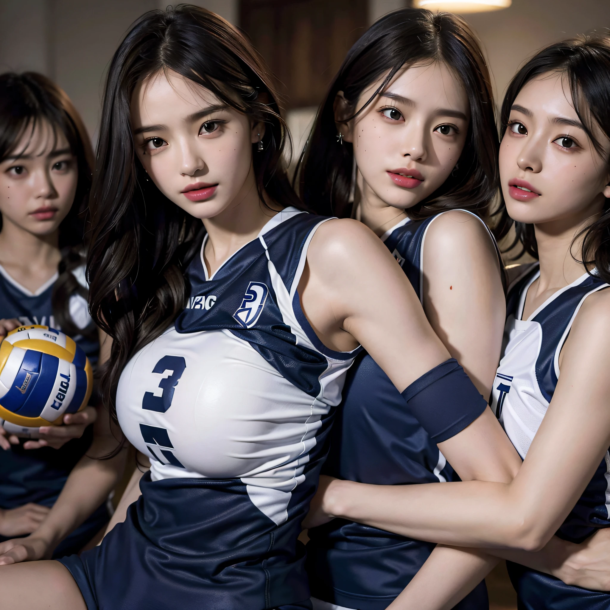 absurdres, RAW photo, extremely delicate and beautiful, masterpiece, Best Quality, ultra high resolution, 16k, hyperrealistic, ultra-detailed, Very detailed CG 8k wallpaper, Beautiful Lighting, Perfect Lightning, Realistic Shadows, perfect anatomy, super Detailed skin, perfect figure, Japanese woman, late 20s, very Slim body, narrow waist, very small head, handsome detailed woman, very detailed eyes and face, realistic face proportions, Stunning detailed eyes, Realistic beautiful face, very small face, Realistic small beautiful eyes, double eyelids, makeup, tearful mole, mole on chest, earring, bare legs, beautiful and very thin legs, beautiful and very thin thighs, (((very huge round breasts))), ((((full body shot)))), ((short hair)), wavy hair, (((volleyball uniform))), midriff peek, ((sleeveless)), ((((yuri)))), ((((3 girls)))), ((colorful)), (((hug)))