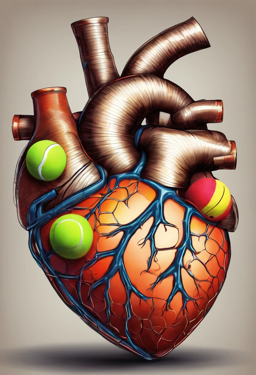 extremely detailed and realistic, 4D, illustration, vector art, anatomically correct heart, filled by a lot of realistic tennis balls