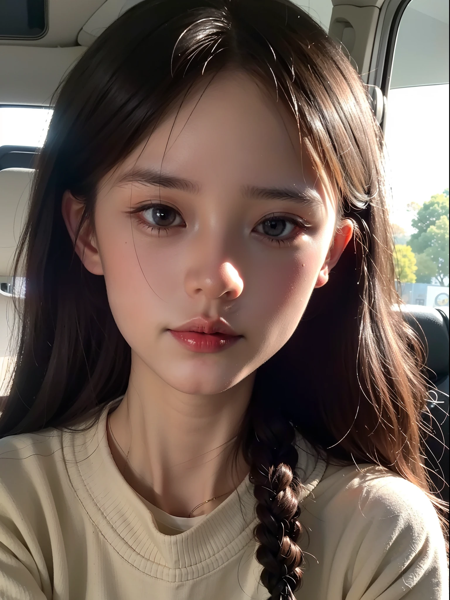 A close up of a woman with long hair sitting in a car - SeaArt AI
