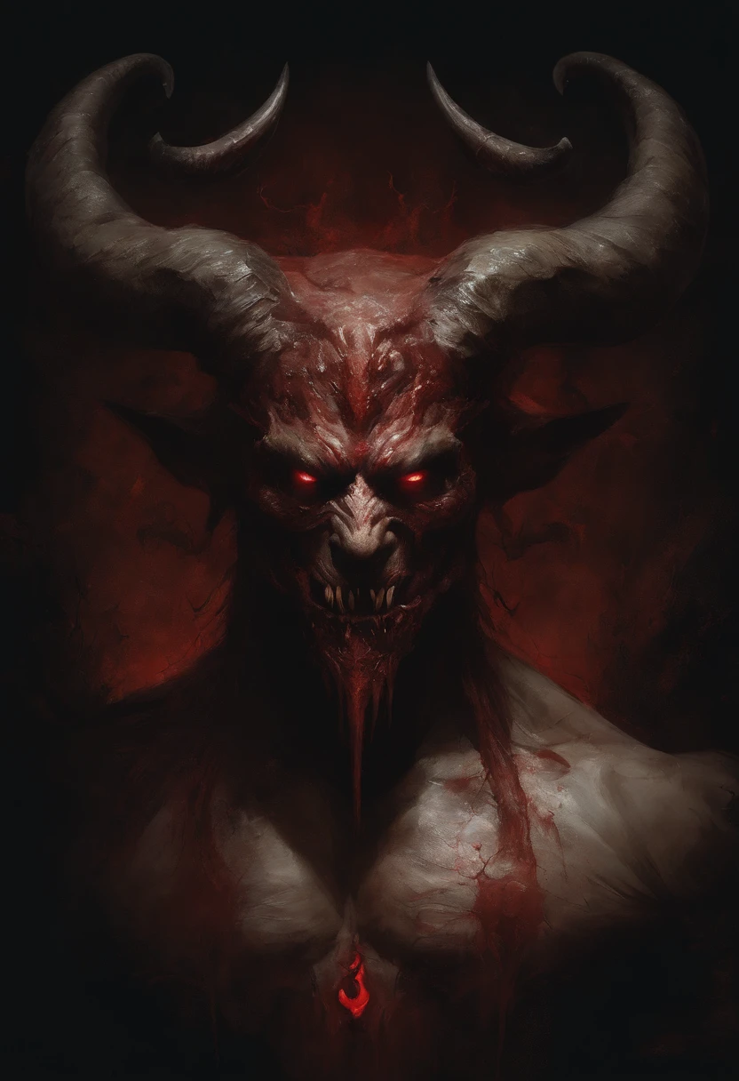 A painting of a demonic creature with a bloodied face with horns, carnage, Sci - Horror Art of Fiction, Science fiction horror artwork, inspired by Aleksi Briclot, devil, de carnage, Horror fantasy art, par Aleksi Briclot, Horror concept art, venin, Art fantastique et horreur, Detailed illustration of 4K horror, Demonic creature, Dark Horror Art