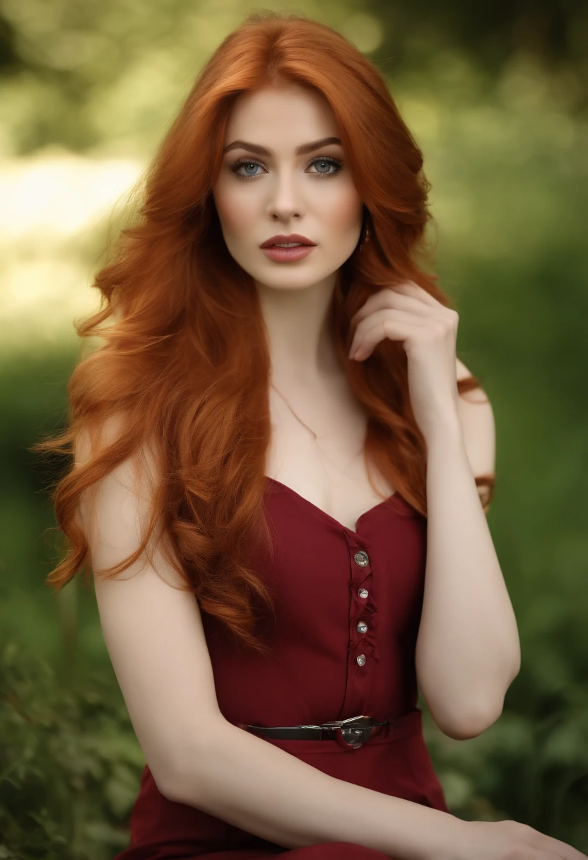 professionnel, eye liner, (Photo 4K:1.1) (mise au point nette:1.3), High detail, Porter (Chemise moulante:1.2), beautifull detailed face, An attractive woman with long red hair looks at the camera, resembling actress Katherine McNamara, Panasonic Lumix S Pro 50mm F/1.4, , photo realist, (attractive young woman:1.3), (Seductive:1.1), (rougissant:1.1), Forme du corps du sablier, Gros seins ronds, T-top