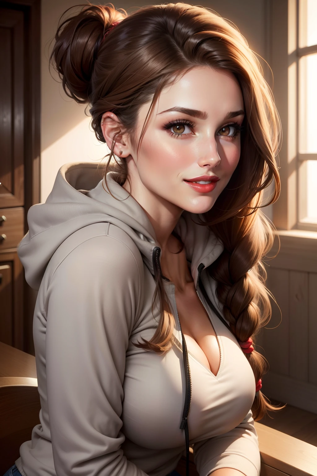 Lucy Pinder, portrait, face portrait, red lips, smiling, voluptuous, straight hair, brown hair, hair tied in a chignon, braid in hair, gray sweatshirt, hood, jeans.