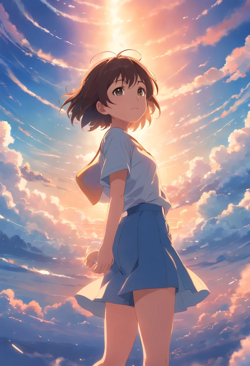 masterpiece, best quality, movie still, 1girl, cloud girl, floating in the sky, close-up, bright, happy, warm soft lighting, sunset, (sparks:0.7)