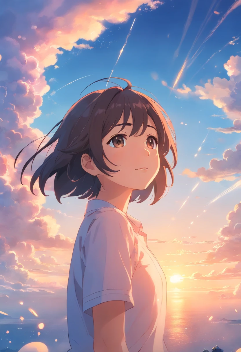 masterpiece, best quality, movie still, 1girl, cloud girl, floating in the sky, close-up, bright, happy, warm soft lighting, sunset, (sparks:0.7)