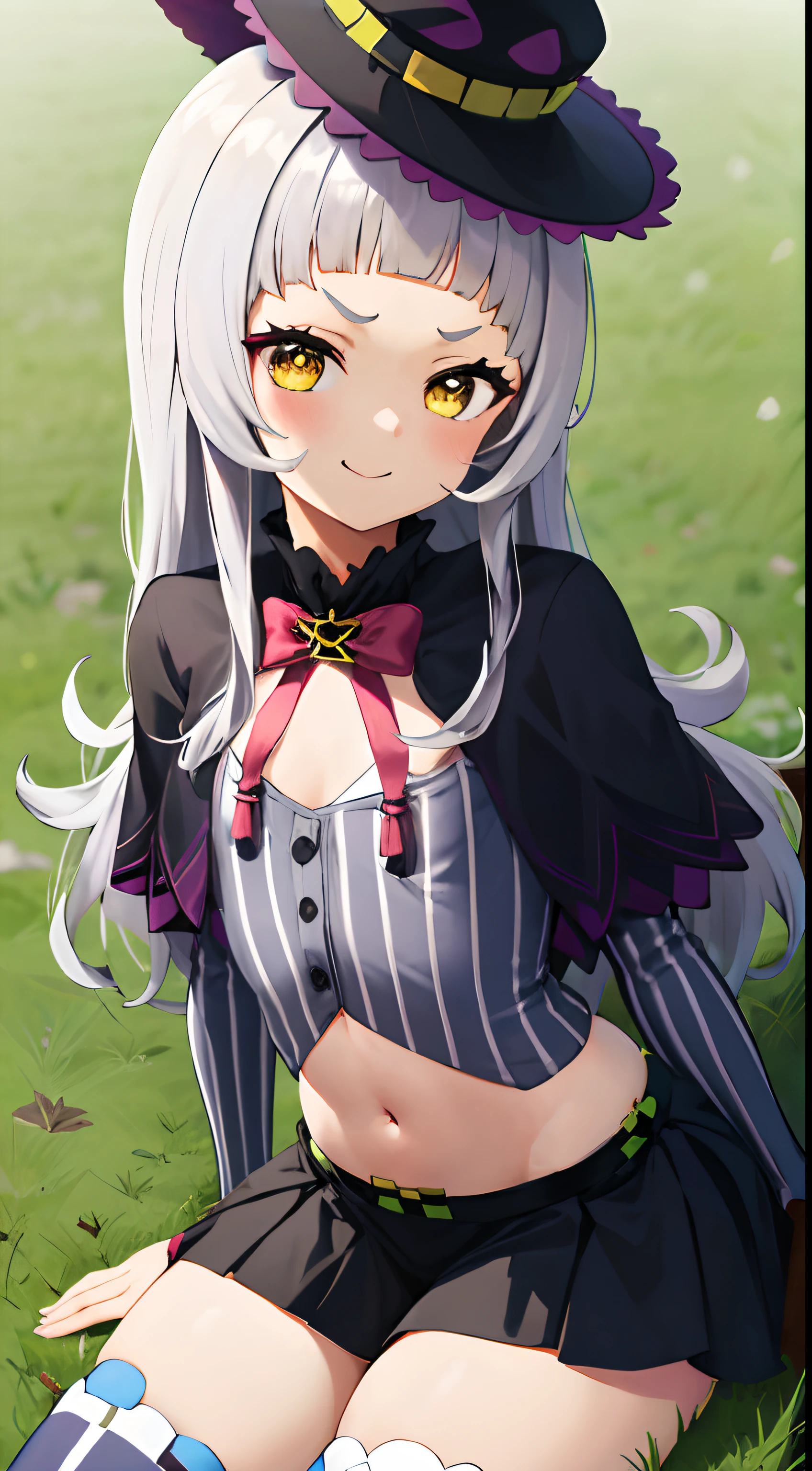 masutepiece, Best Quality, hight resolution, Ashion, 1girl in, Long hair, short eyebrows, Small breasts, shairband, pink bowtie, black capelet, Pinstripe shirt, Long sleeves, Midriff, Black skirt, Miniskirt, Striped tights , Sitting, A smile、lawn、Black hat